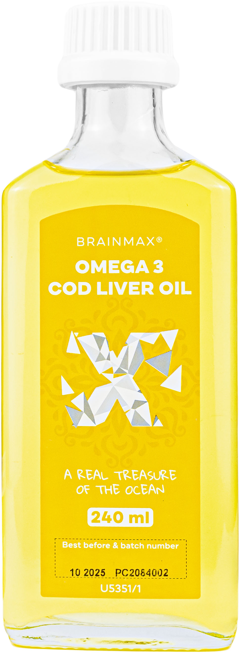 Levně BrainMax Omega 3, Olej z tresčích jater, citrón, 24 dávek, 240 ml Výjimečný čistý a kvalitní zdroj Omega 3 z Islandu, 920 mg DHA, 690 mg EPA, Vitamín A, D, E, Cod Liver Oil, doplněk stravy