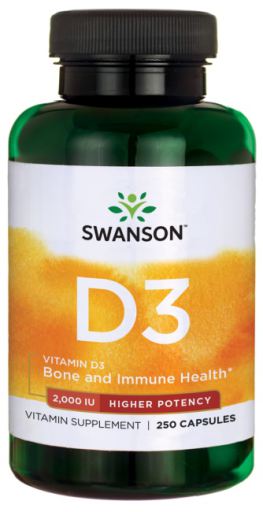 Swanson Vitamin D3, 2000 IU, Vyšší účinnost, 250 kapslí, EXP. Expirace 06/2024