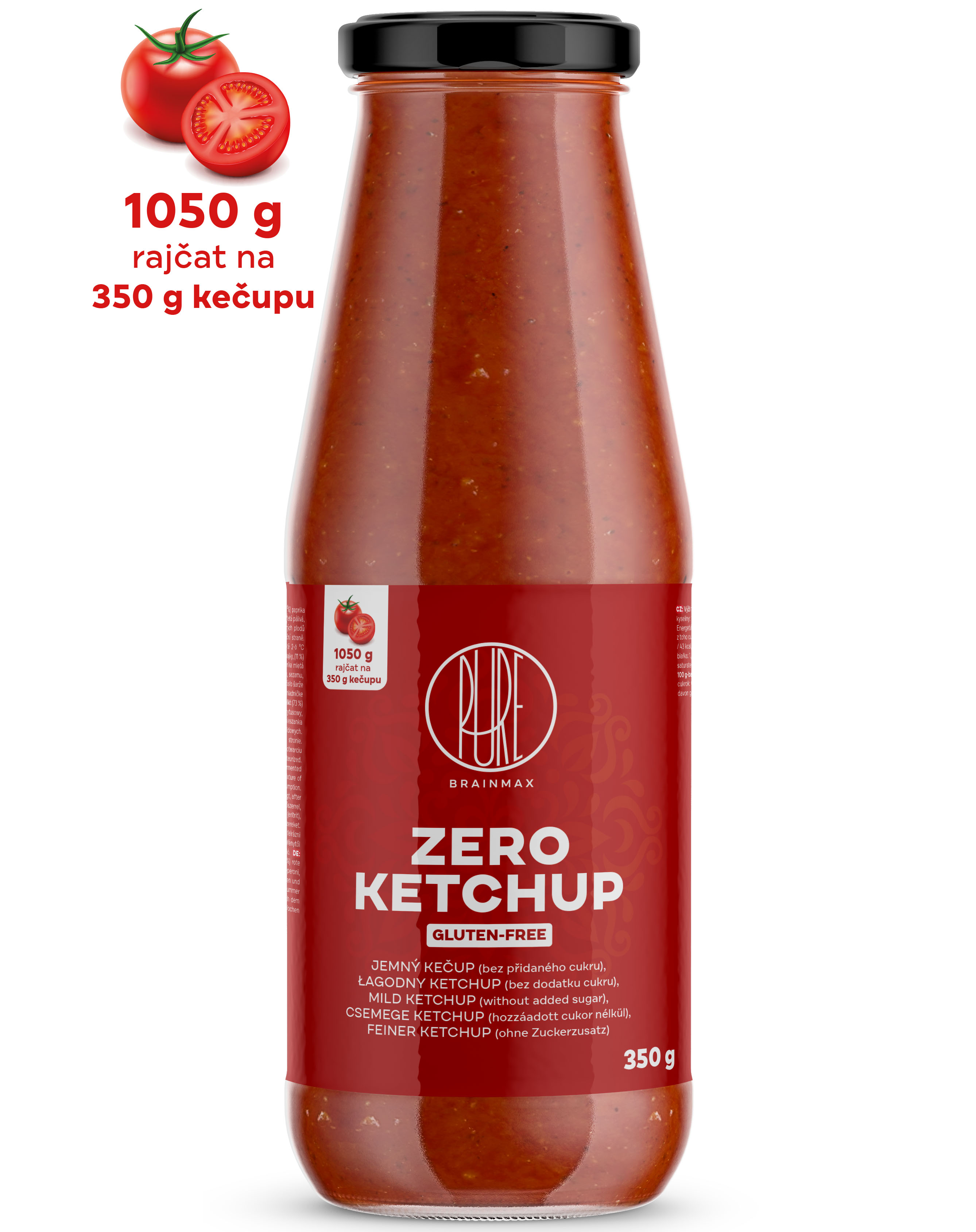 BrainMax Pure Ketchup - ZERO (sladký kečup s erythritolem), 350 g 1050 g rajčat na 350 g kečupu!