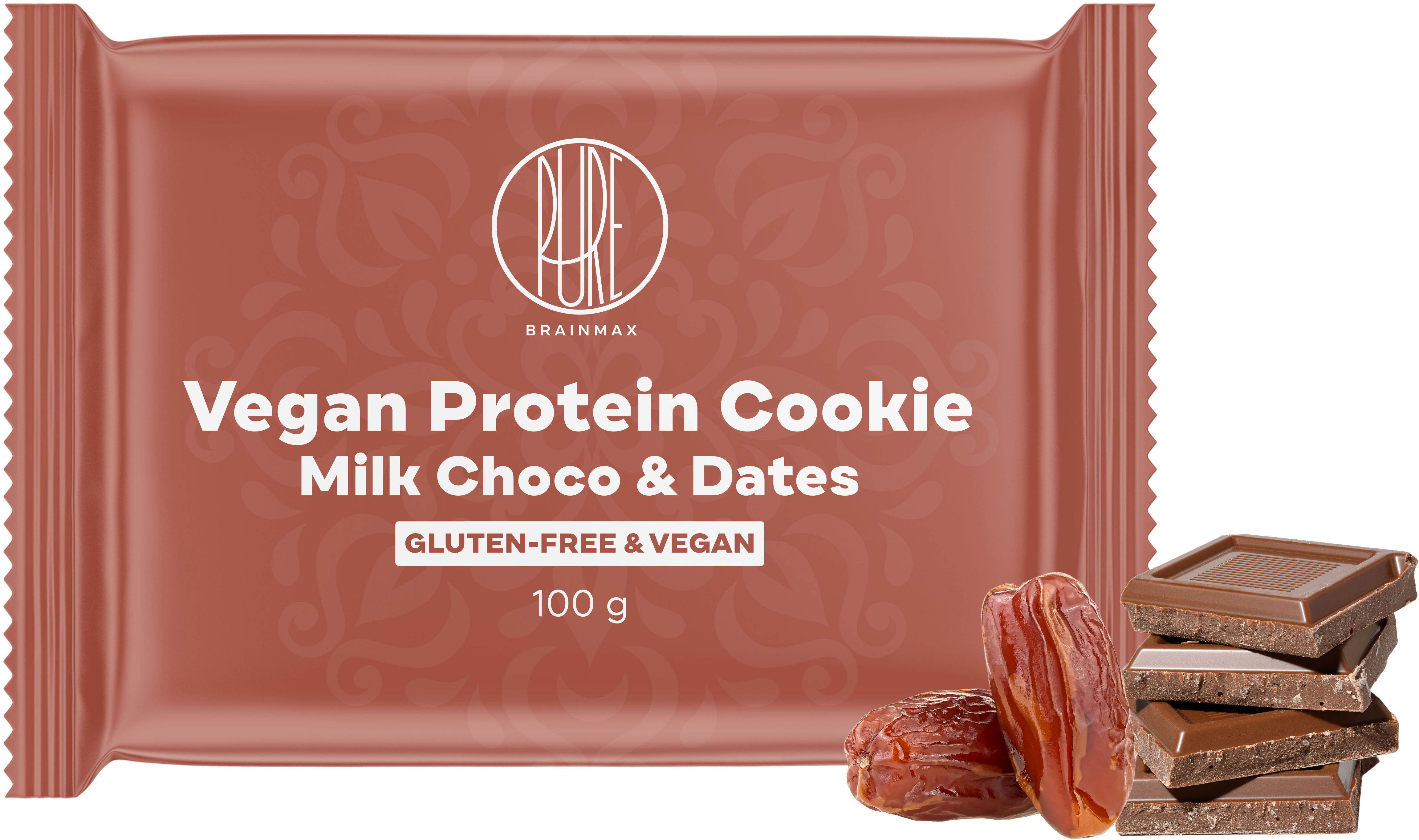 BrainMax Pure Vegan Protein Cookie, Mléčná čokoláda & Datle, 100 g Proteinová veganská sušenka s mléčnou čokoládou a datlemi