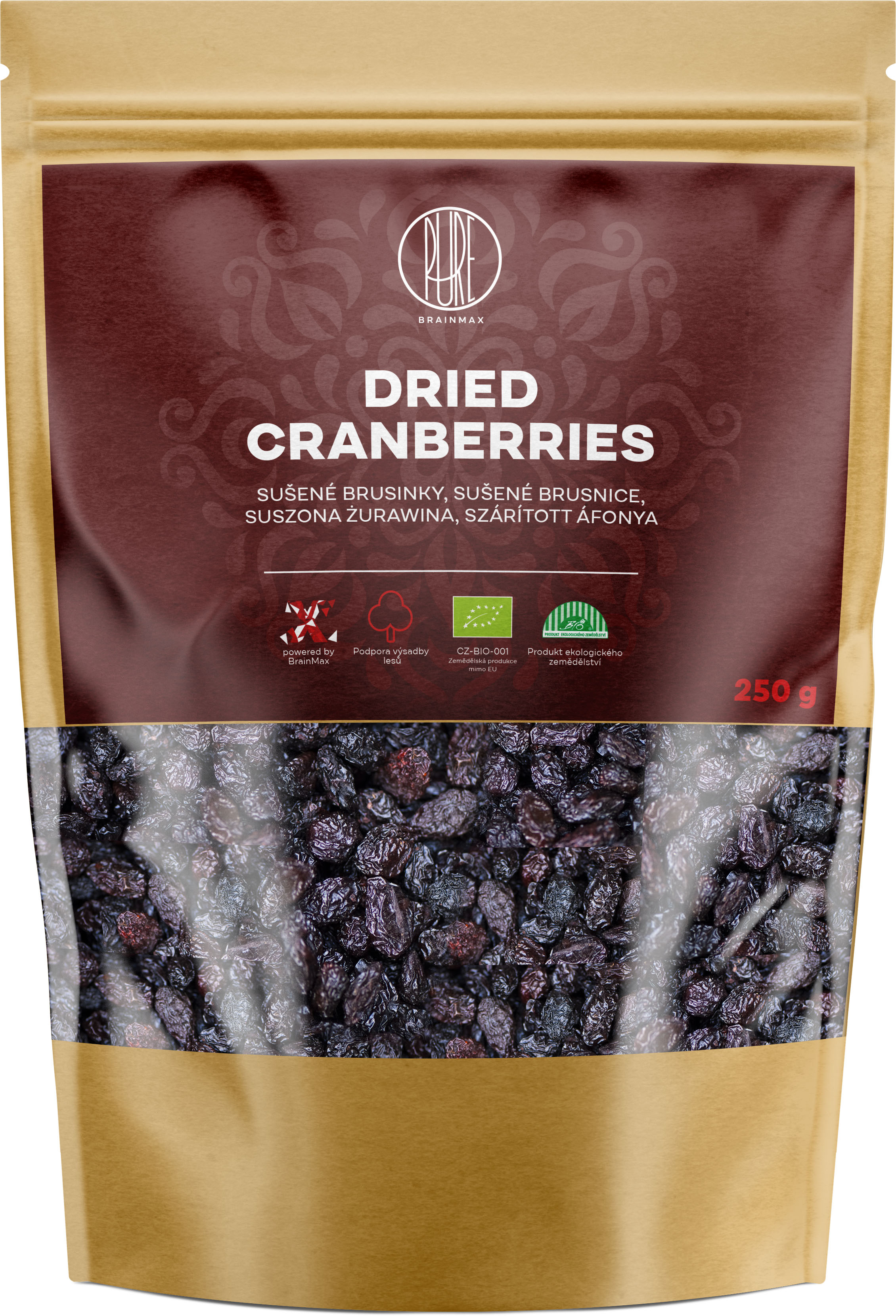 Levně BrainMax Pure Dried Cranberries, Brusinky, BIO, 250 g *CZ-BIO-001 certifikát