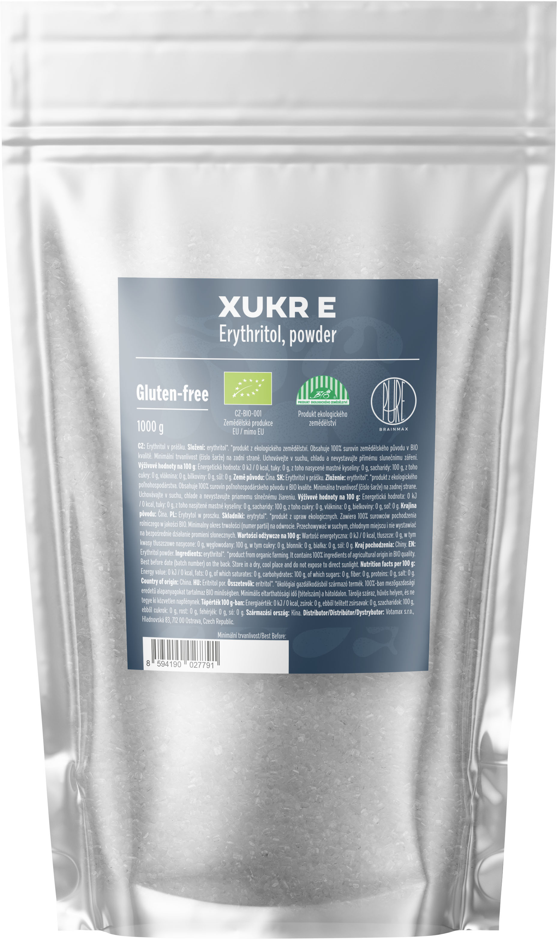 BrainMax Pure Xukr E, erythritol, BIO, 1 kg *CZ-BIO-001 certifikát *CZ-BIO-001 certifikát