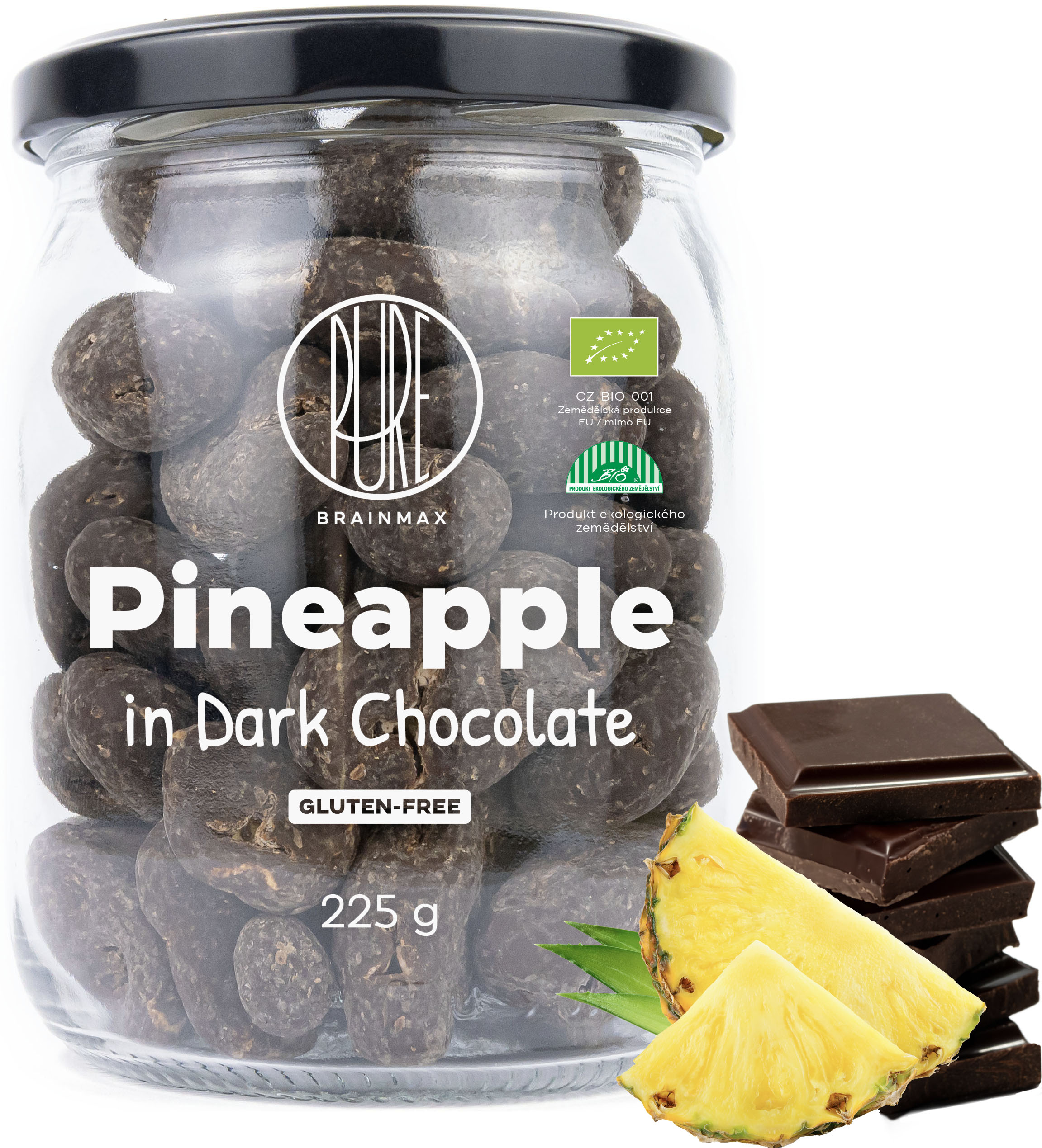 BrainMax Pure Pineapple in Dark Chocolate, Lyofilizovaný ananas v hořké čokoládě, BIO, 225 g *CZ-BIO-001 certifikát