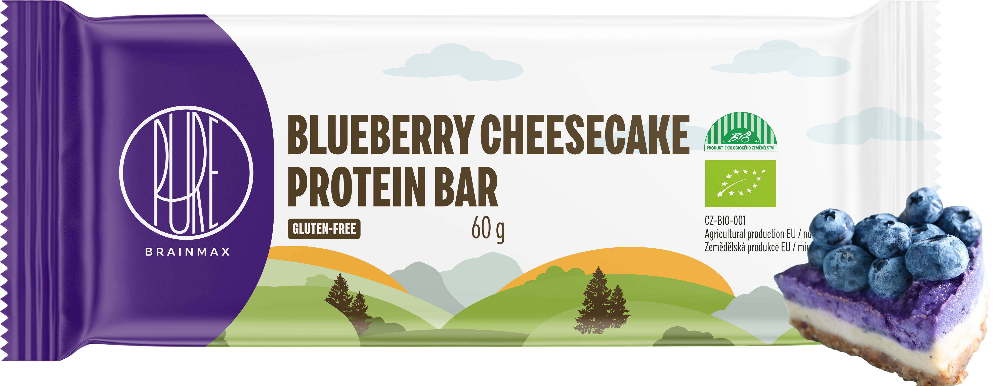 BrainMax Pure Blueberry Cheesecake Protein Bar, Proteinová tyčinka, Borůvkový cheesecake, BIO, 60 g *CZ-BIO-001 certifikát / Protein Bar Blueberry Cheesecake