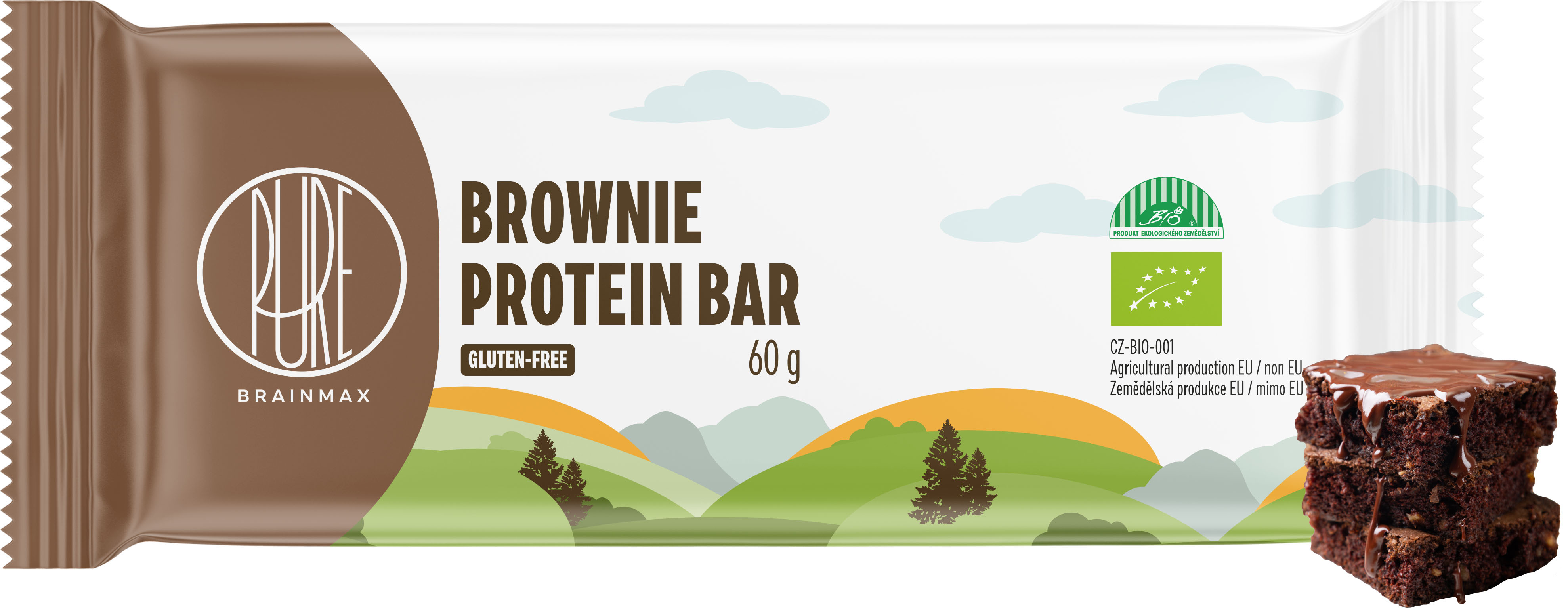 BrainMax Pure Proteinová tyčinka, Brownie, BIO, 60 g Protein Bar Brownie / *CZ-BIO-001 certifikát