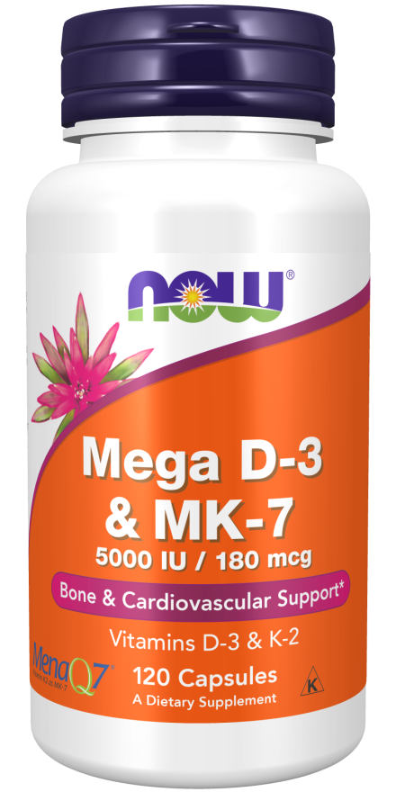 Now® Foods NOW Mega D3 & MK-7, Vitamín d3 5000 IU & Vitamín K2 180 ug, 120 rostlinných kapslí