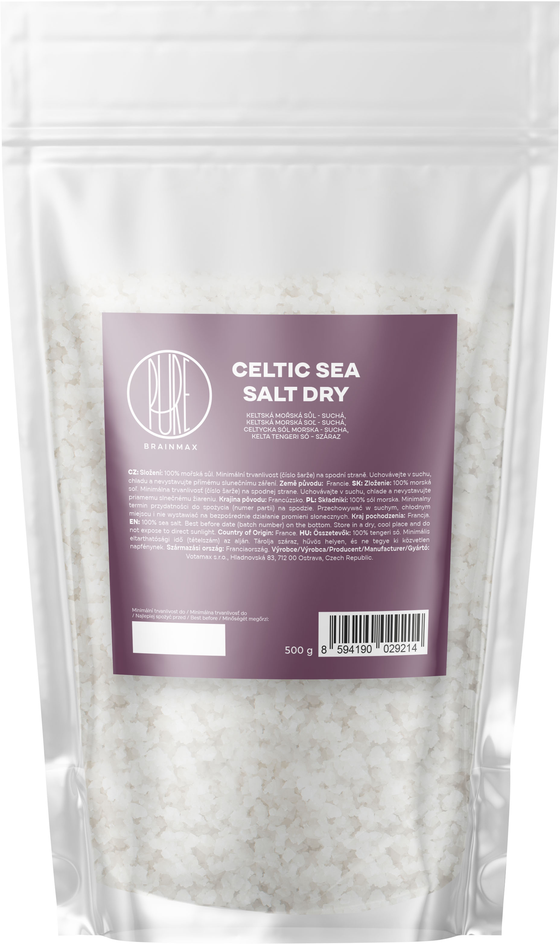 BrainMax Pure Celtic Sea Salt, Dry, Keltská mořská sůl, suchá, 500 g Keltská mořská sůl