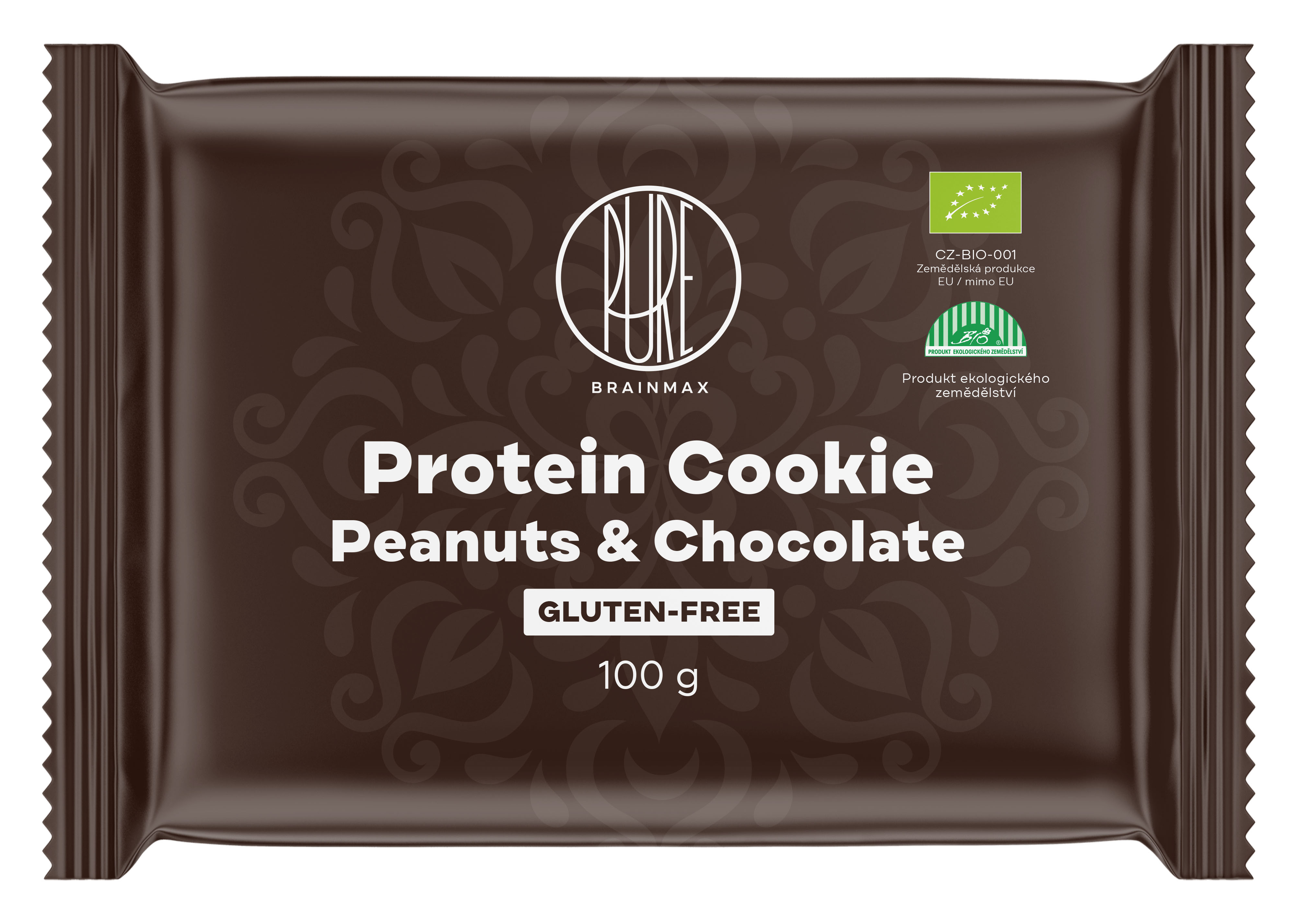 BrainMax Pure Protein Cookie, Arašídy & Čokoláda, BIO, 100 g Proteinová sušenka s hořkou čokoládou a arašídy / *CZ-BIO-001 certifikát