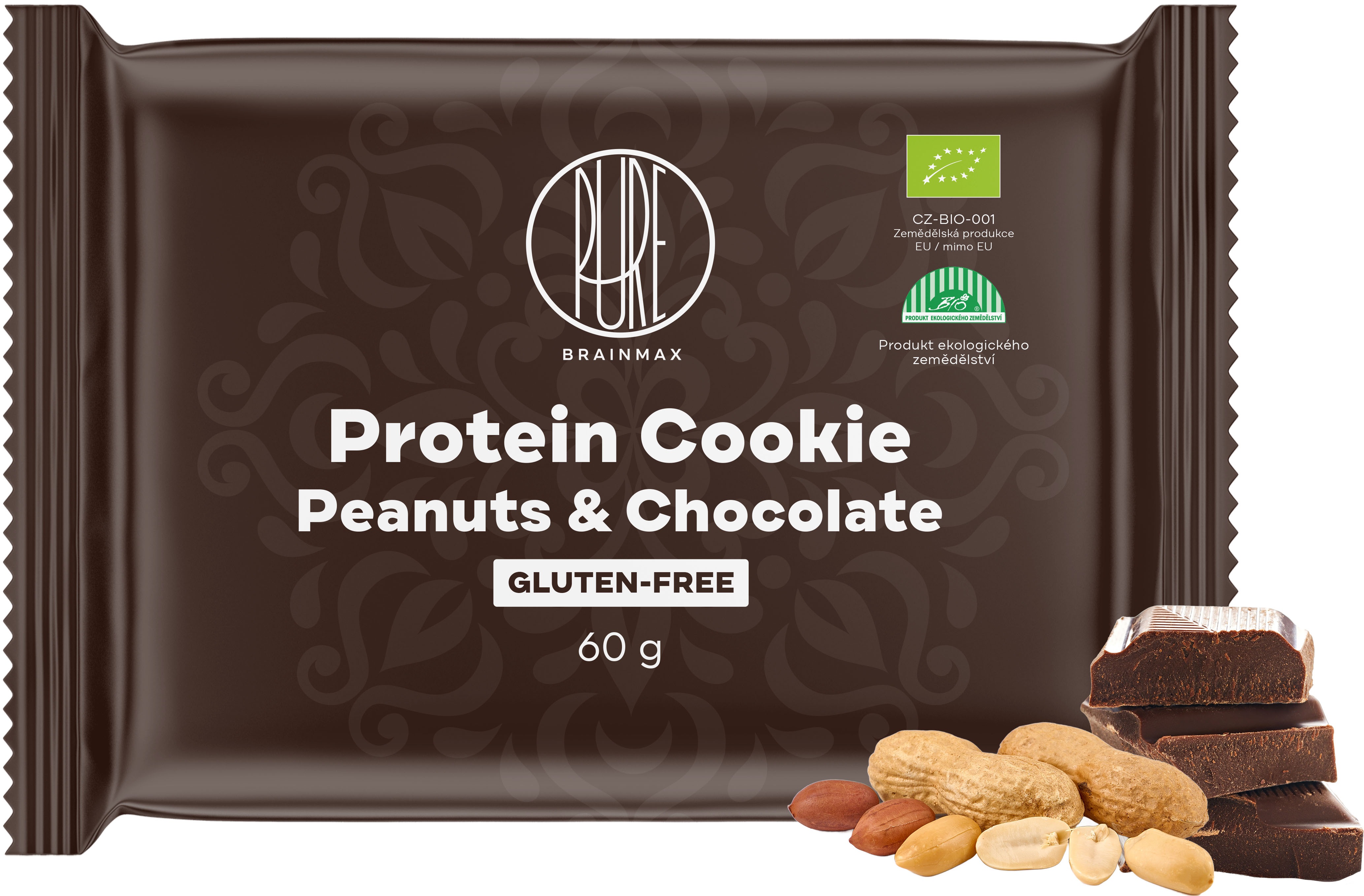 BrainMax Pure Protein Cookie, Arašídy & Čokoláda, BIO, 60 g Proteinová sušenka s hořkou čokoládou a arašídy / *CZ-BIO-001 certifikát