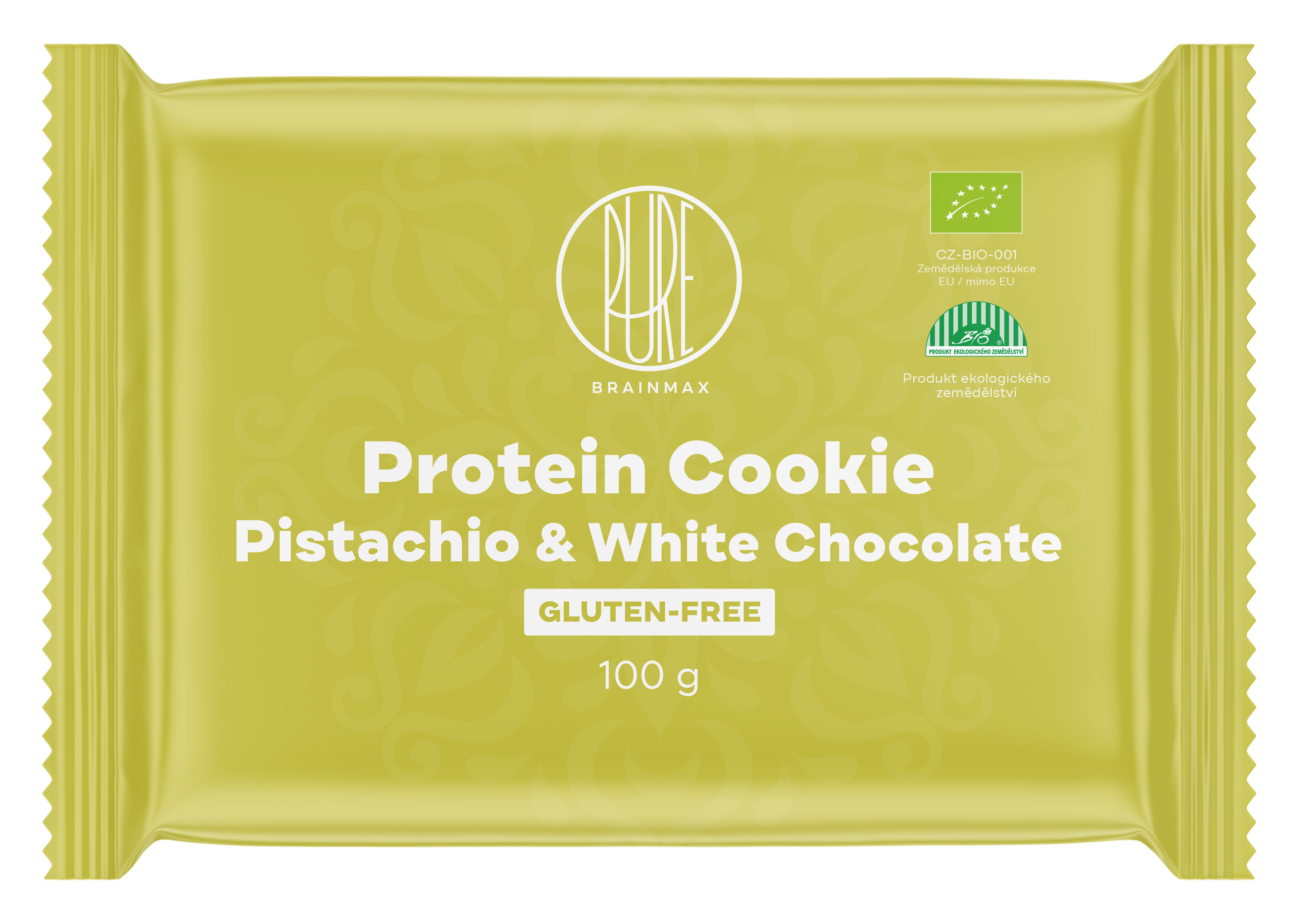 Levně BrainMax Pure Protein Cookie - Pistácie & Bílá čokoláda, BIO, 100 g Proteinová sušenka s pistáciemi a bílou čokoládou / *CZ-BIO-001 certifikát