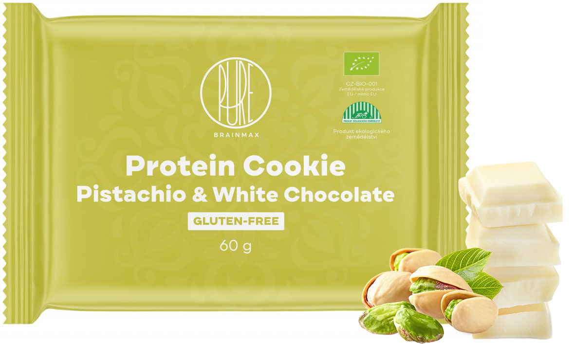 BrainMax Pure Protein Cookie - Pistácie & Bílá čokoláda, BIO, 60 g Proteinová sušenka s pistáciemi a bílou čokoládou / *CZ-BIO-001 certifikát