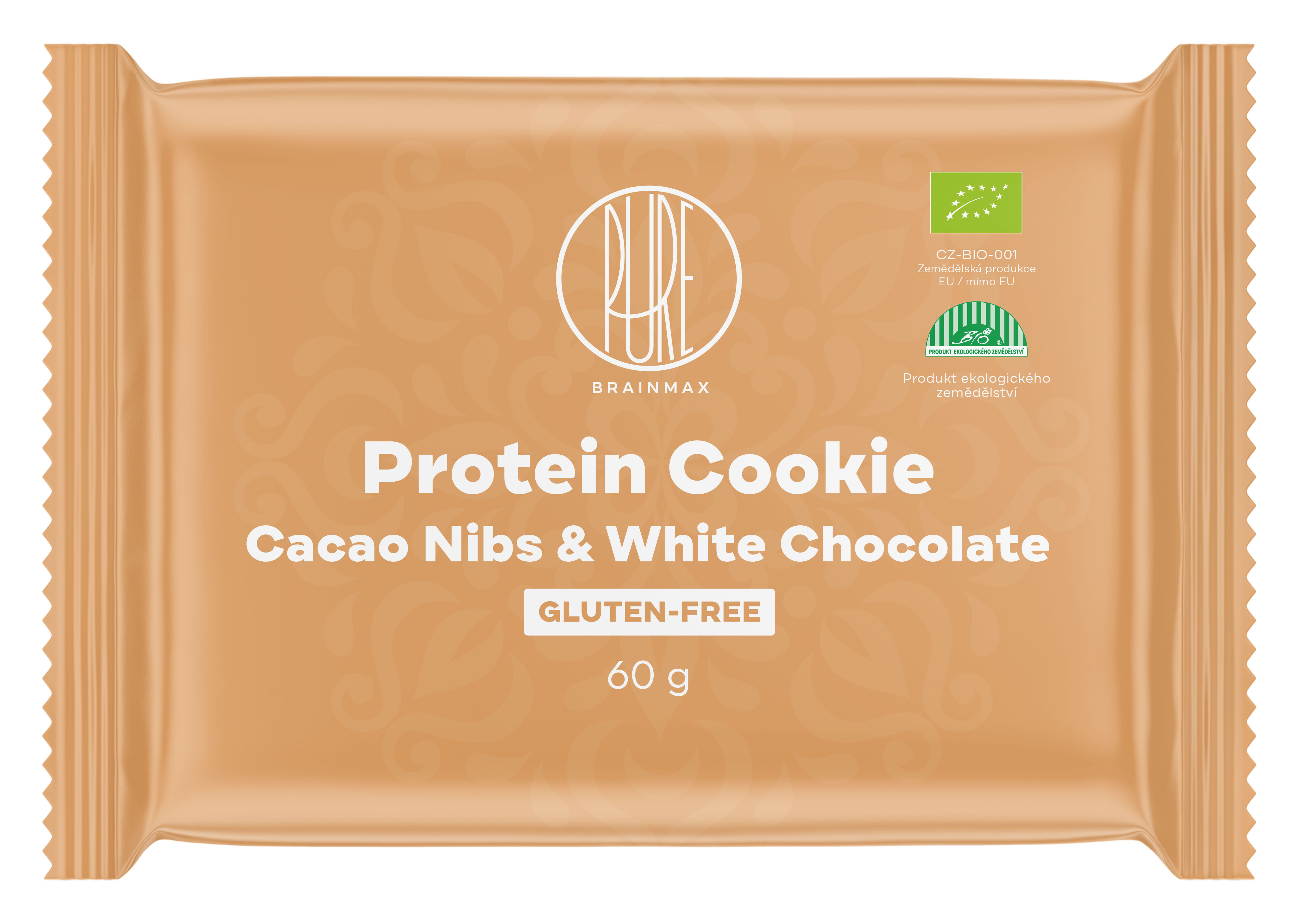 Levně BrainMax Pure Protein Cookie, Kakaové boby & Bílá čokoláda, BIO, 60 g Proteinová sušenka s kakaovými boby a bílou čokoládou / *CZ-BIO-001 certifikát