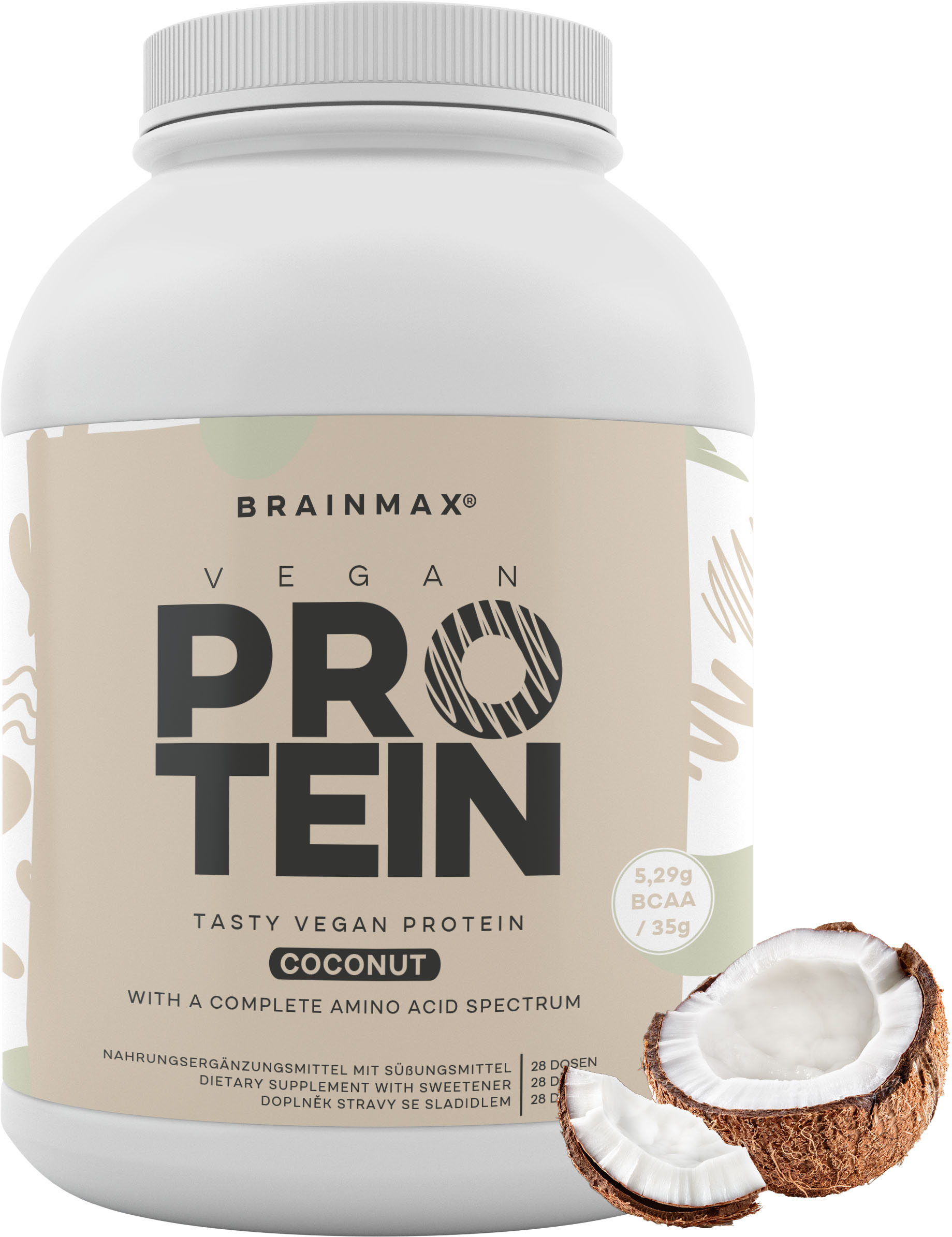 Levně BrainMax Vegan protein, Kokos, 1000 g 24 g bílkovin, 5,29 g BCAA, Kompletní Amino spektrum, Slazeno stévií, doplněk stravy