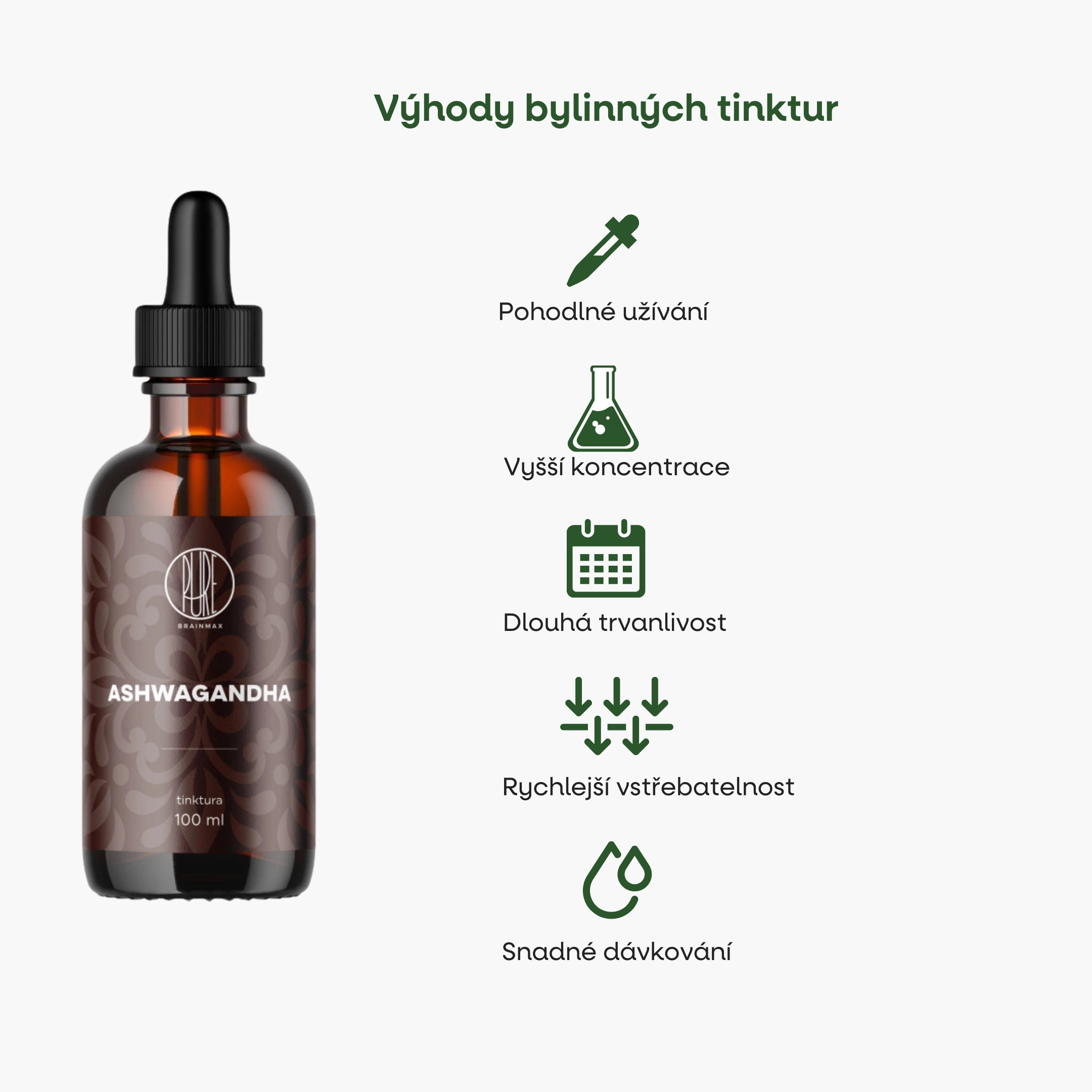 BrainMax Pure Ashwagandha, Vitánie snodárná, tinktura 1:1, 100 ml Obrázek