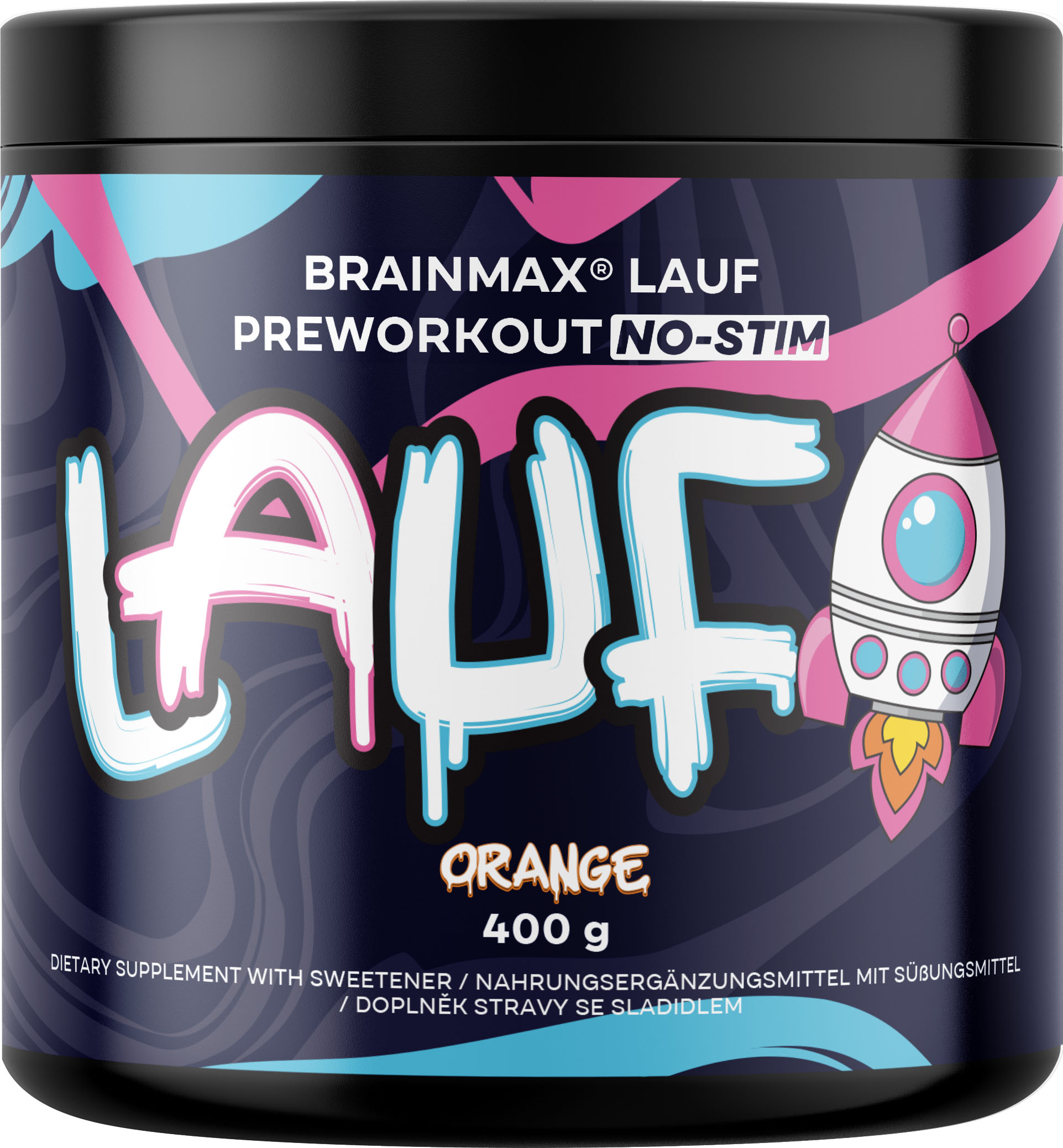 BrainMax LAUF Preworkout, bez kofeinu, červený pomeranč, 400 g Předtréninkovka pro podporu výkonu bez kofeinu, NO-STIM, doplněk stravy