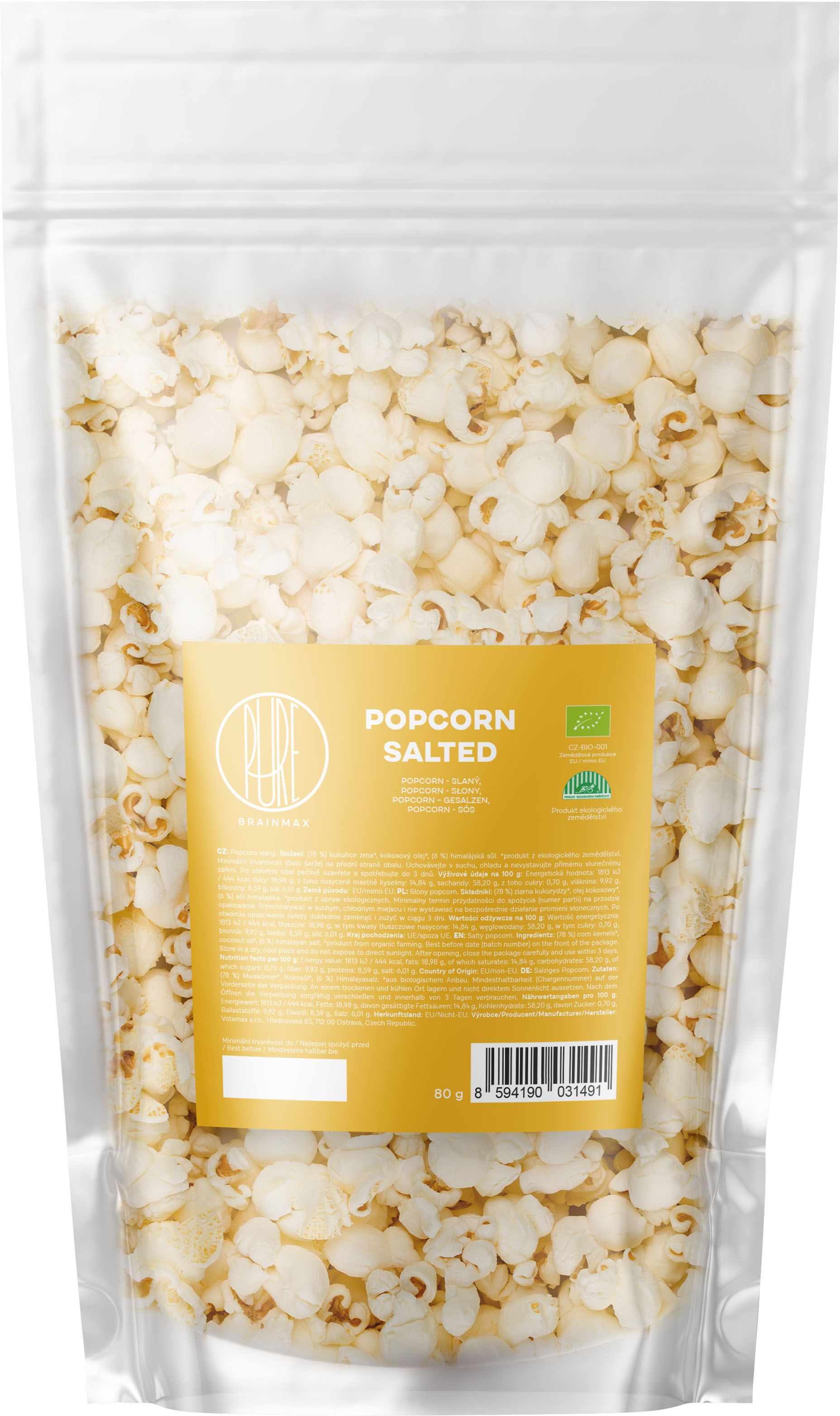 Levně BrainMax Pure Popcorn, BIO, 80 g Příchuť: Slaný *CZ-BIO-001 certifikát