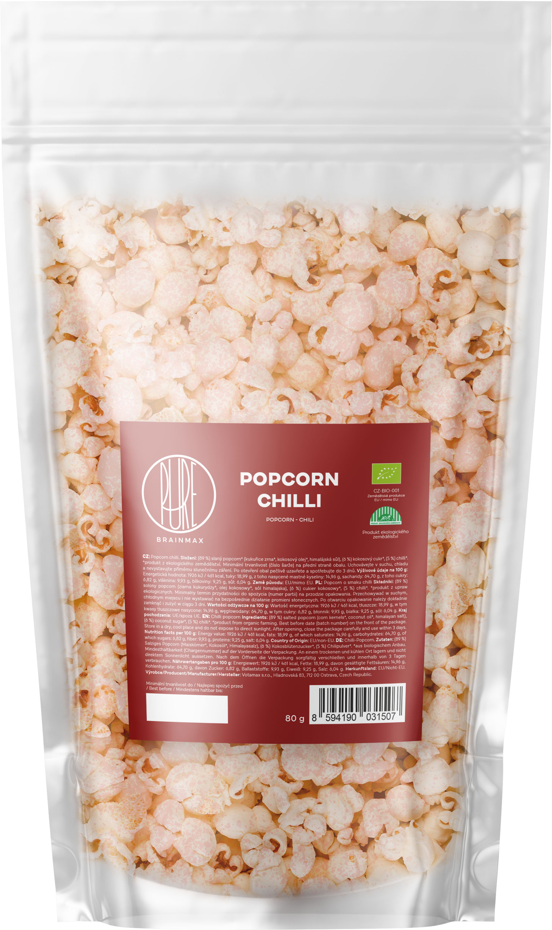 Levně BrainMax Pure Popcorn, BIO, 80 g Příchuť: Chilli *CZ-BIO-001 certifikát