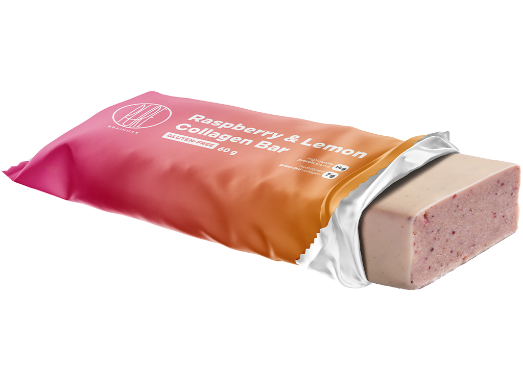 BrainMax Pure® BrainMax Pure® Raspberry & Lemon Collagen Bar, Kolagenová tyčinka, Malina a citron, 60 g 7 g grass-fed kolagenu, 14 g bílkovin, 11 g vlákniny