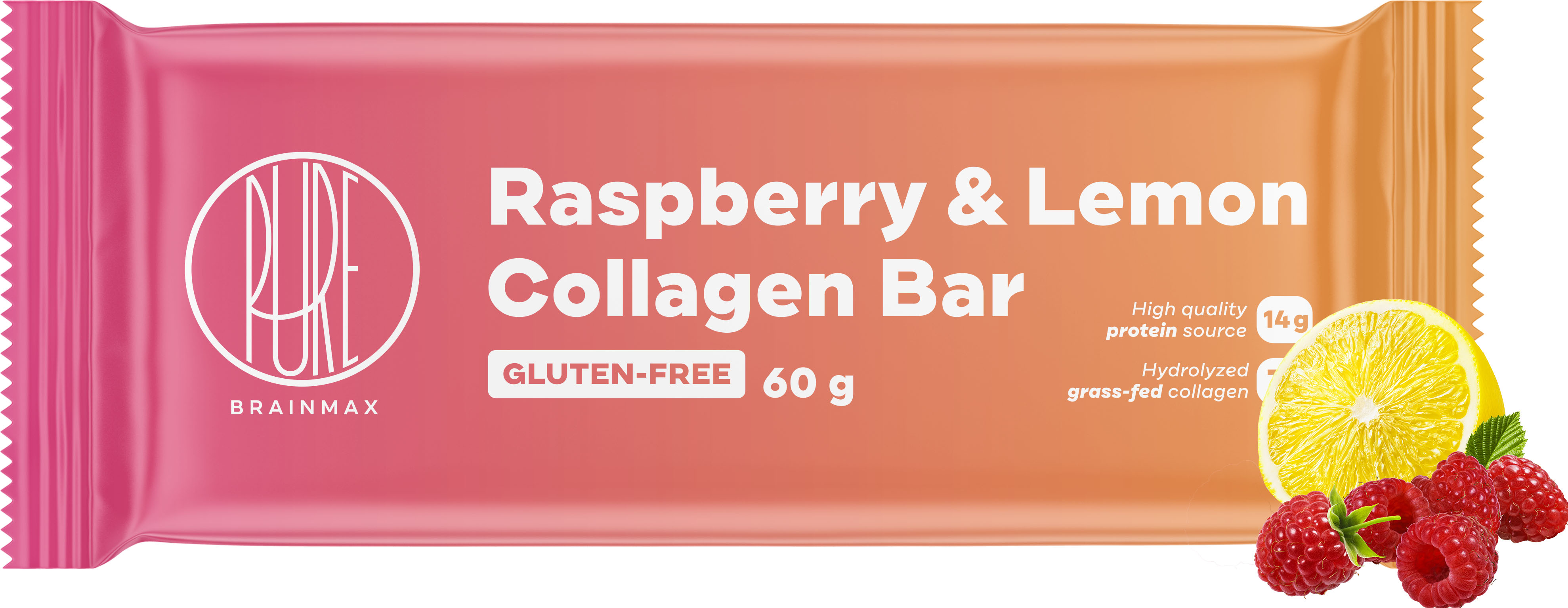 BrainMax Pure Raspberry & Lemon Collagen Bar, Kolagenová tyčinka, Malina a citron, 60 g 7 g grass-fed kolagenu, 14 g bílkovin, 11 g vlákniny
