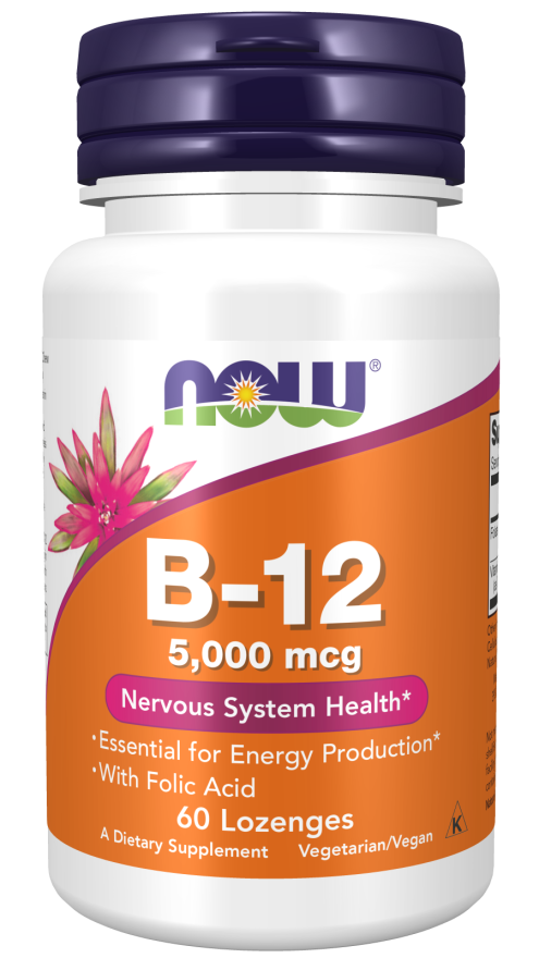 Levně Now® Foods NOW Vitamin B12 with Folic Acid (Vitamín B12 + Kyselina Listová s kyselinou listovou), 5000 mcg, 60 pastilek