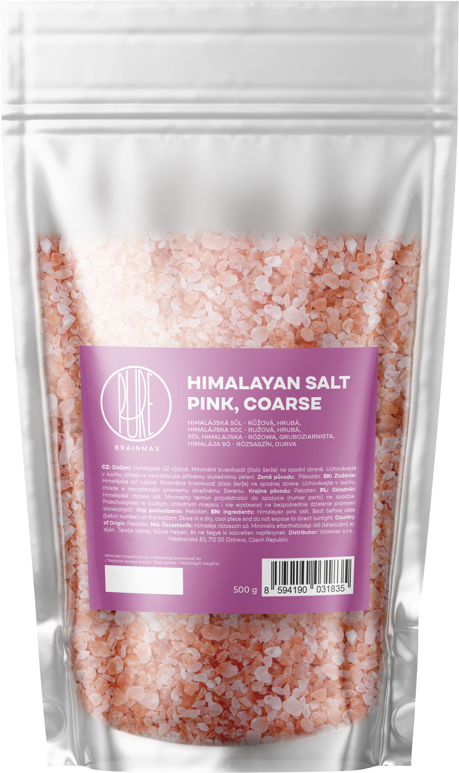 BrainMax Pure Himalayan Salt Pink, Coarse, Himalájská sůl, růžová, hrubá, 500 g Himalájská hrubozrnná sůl