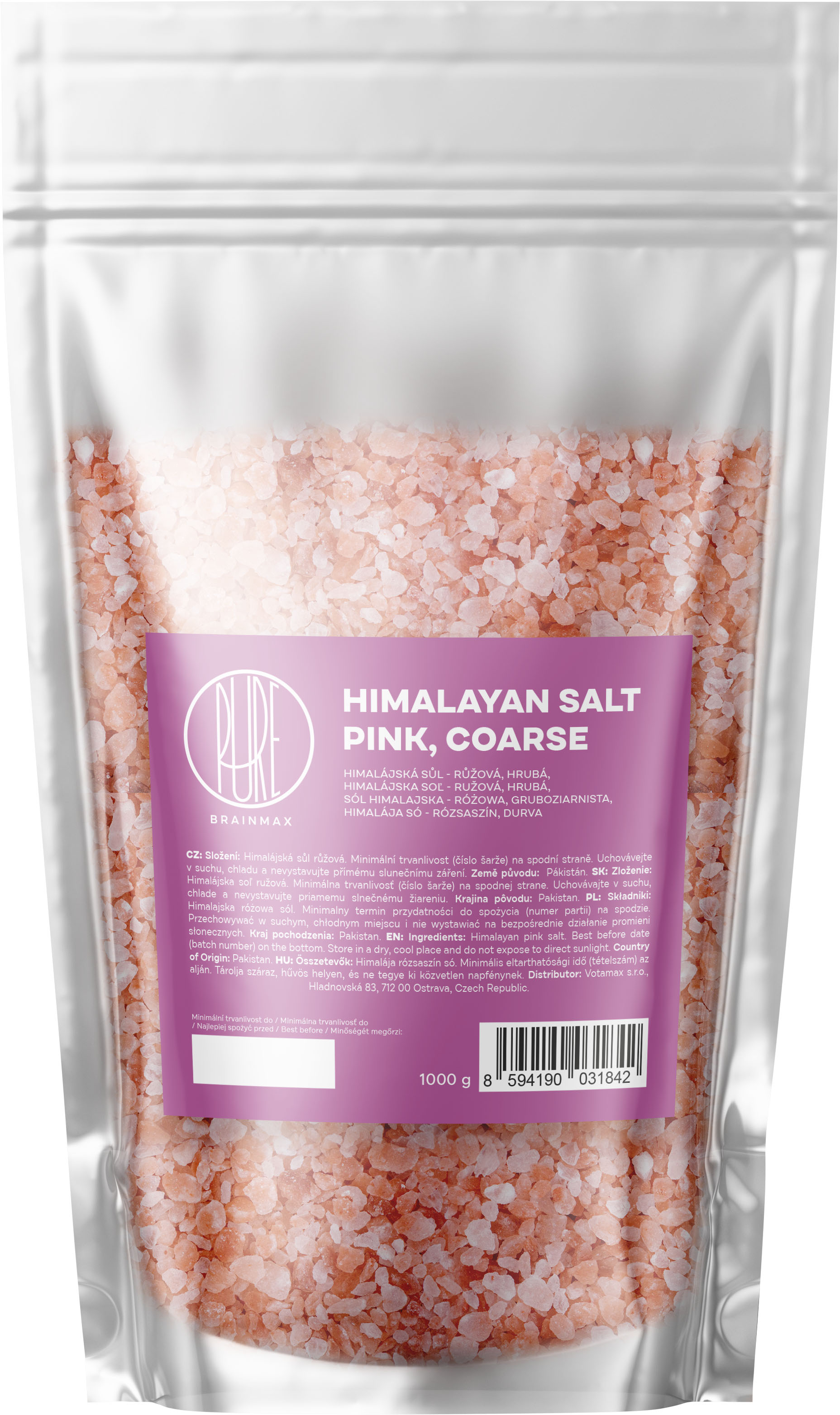 Levně BrainMax Pure Himalayan Salt Pink, Coarse, Himalájská sůl, růžová, hrubá, 1 kg Himalájská hrubozrnná sůl