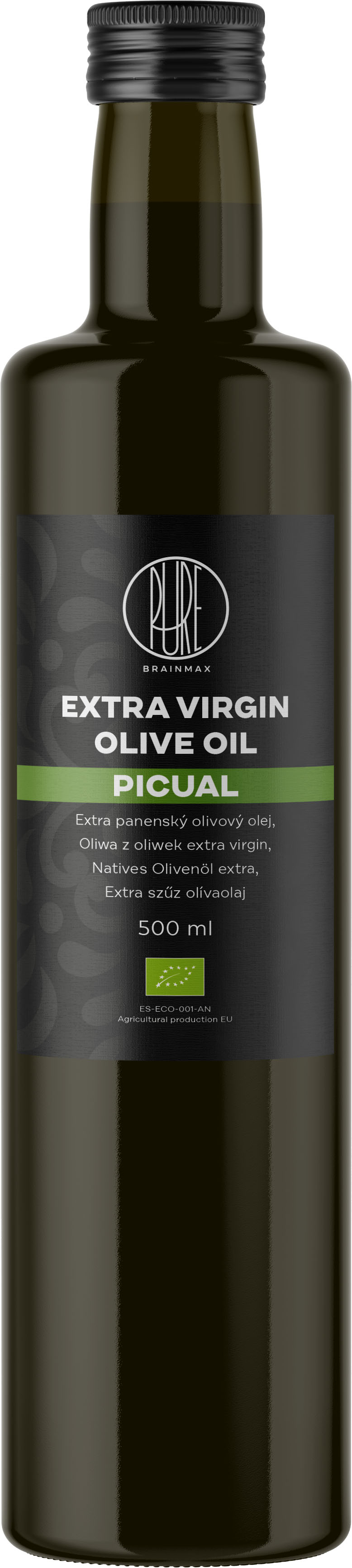 BrainMax Pure Extra panenský olivový olej Picual, BIO, 500 ml Španělský extra panenský olivový olej s nejvyšším množstvím polyfenolů // * ES-ECO-001-AN certifikát