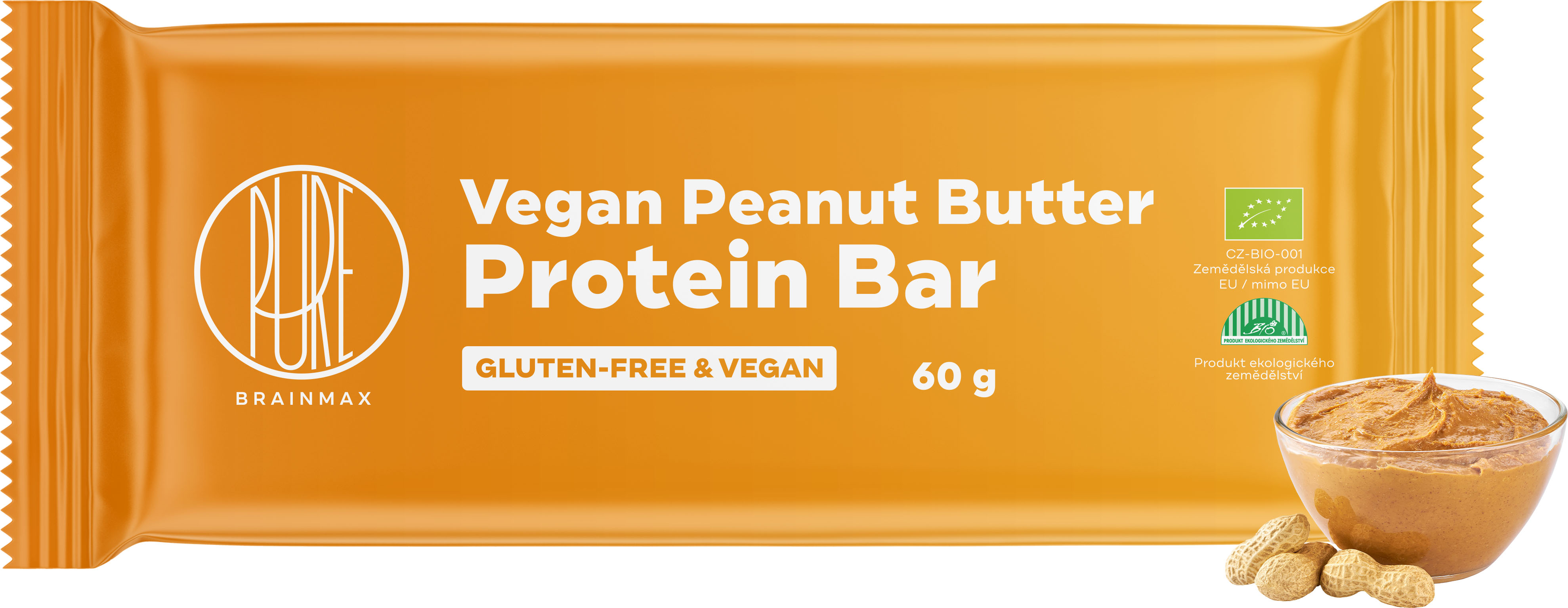 BrainMax Pure Vegan Peanut Butter Protein Bar, Veganská proteinová tyčinka, Arašídové máslo, BIO, 60 g *CZ-BIO-001 certifikát