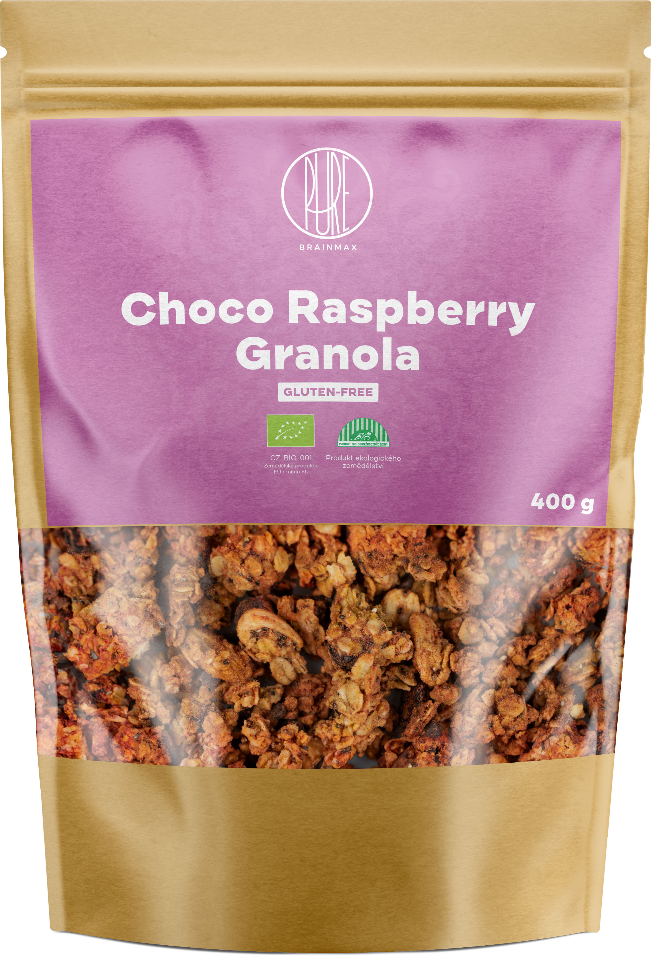 BrainMax Pure Choco Raspberry Granola, granola s čokoládou a malinami, BIO, 400 g *CZ-BIO-001 certifikát / Zapečené vločky s čokoládou a malinami