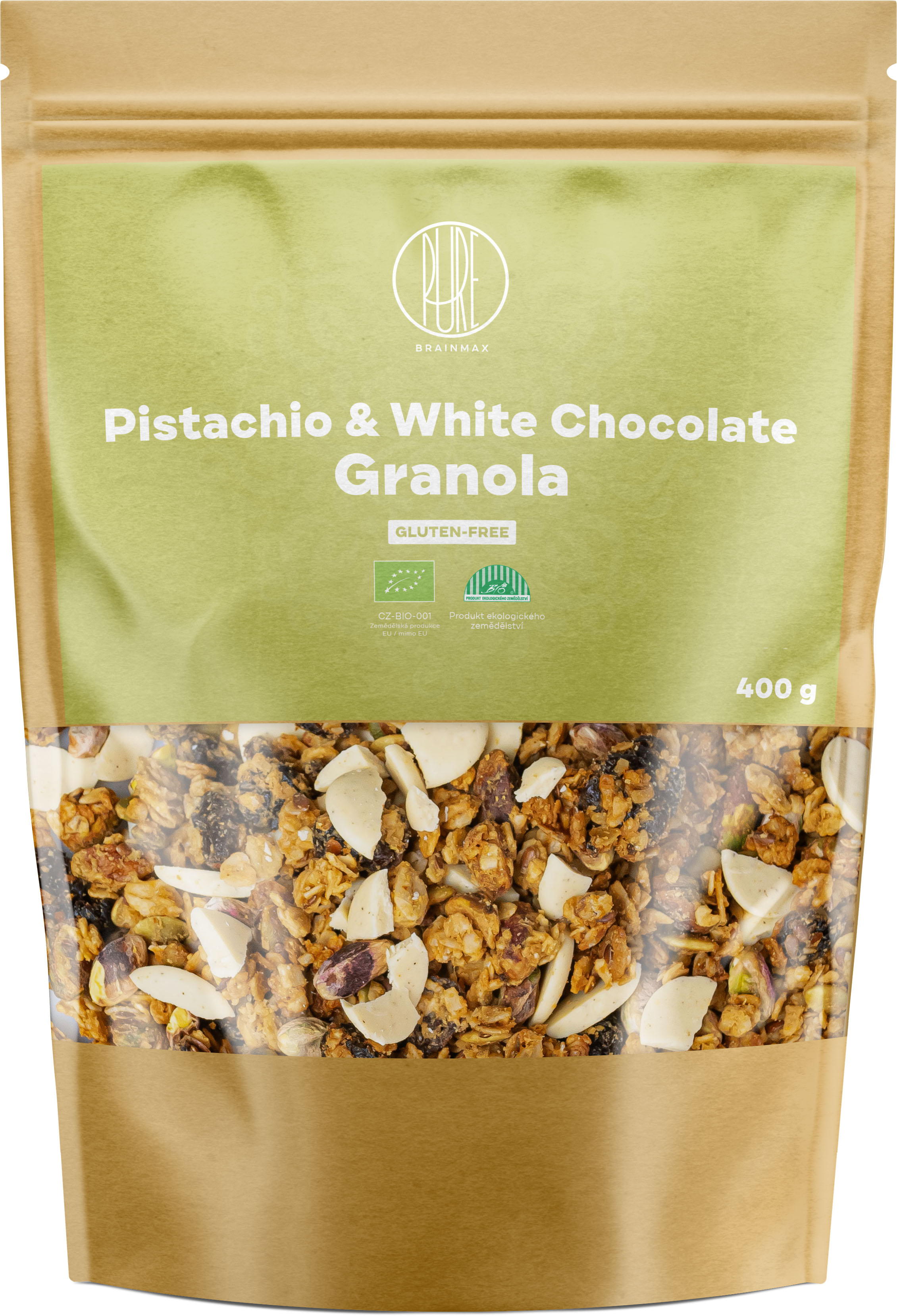 Levně BrainMax Pure Pistachio & White Chocolate Granola, pistácie a bílá čokoláda, BIO, 400 g *CZ-BIO-001 certifikát / Zapečené vločky s pistáciemi a bílou čokoládou