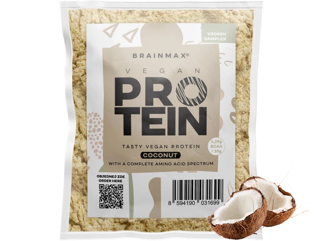 Levně BrainMax Vegan protein, Kokos, 35 g, VZOREK 24 g bílkovin, 5,29 g BCAA, Kompletní Amino spektrum, Slazeno stévií, doplněk stravy