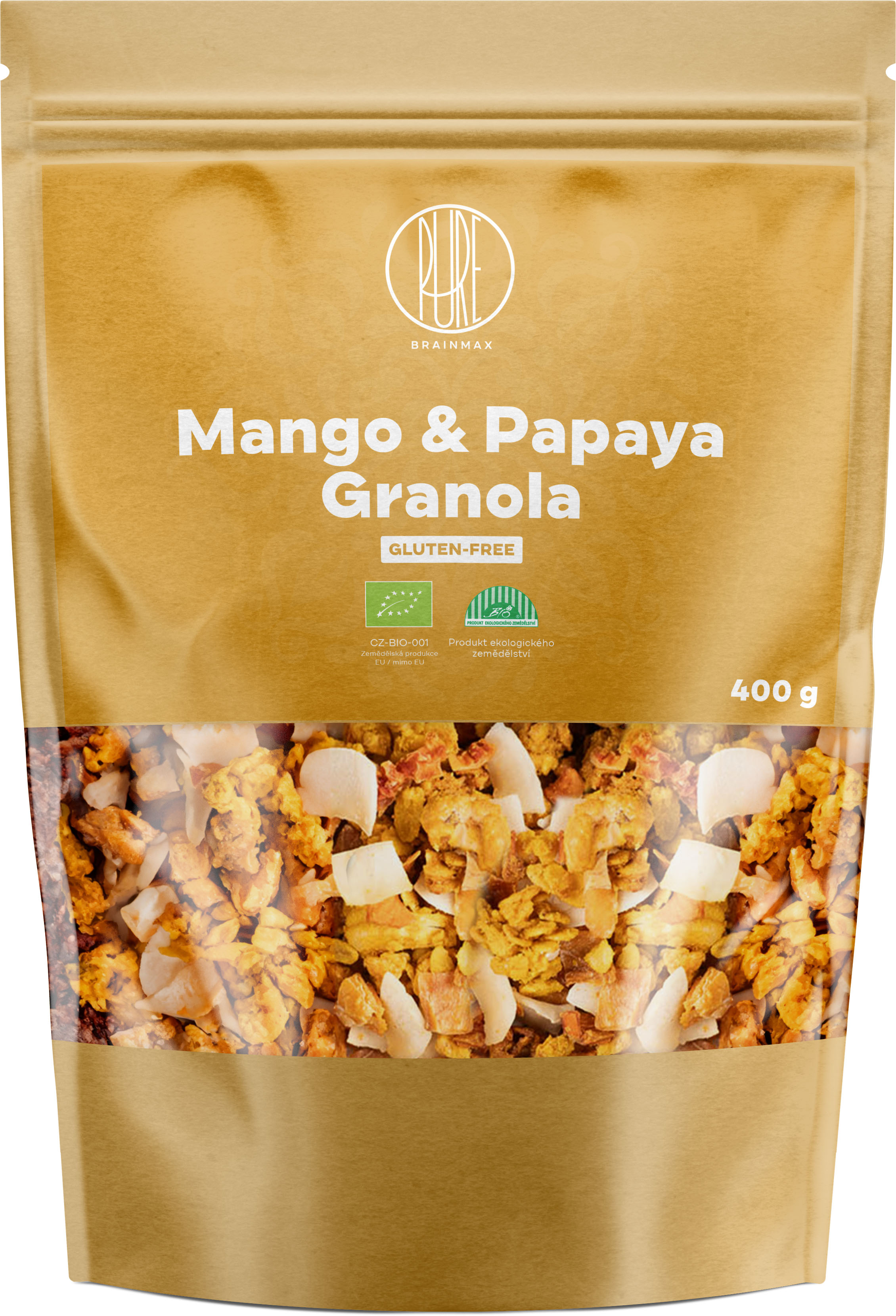 Levně BrainMax Pure Mango & Papaya Granola BIO, 400 g Zapečené vločky s mangem a papájou / *CZ-BIO-001 certifikát