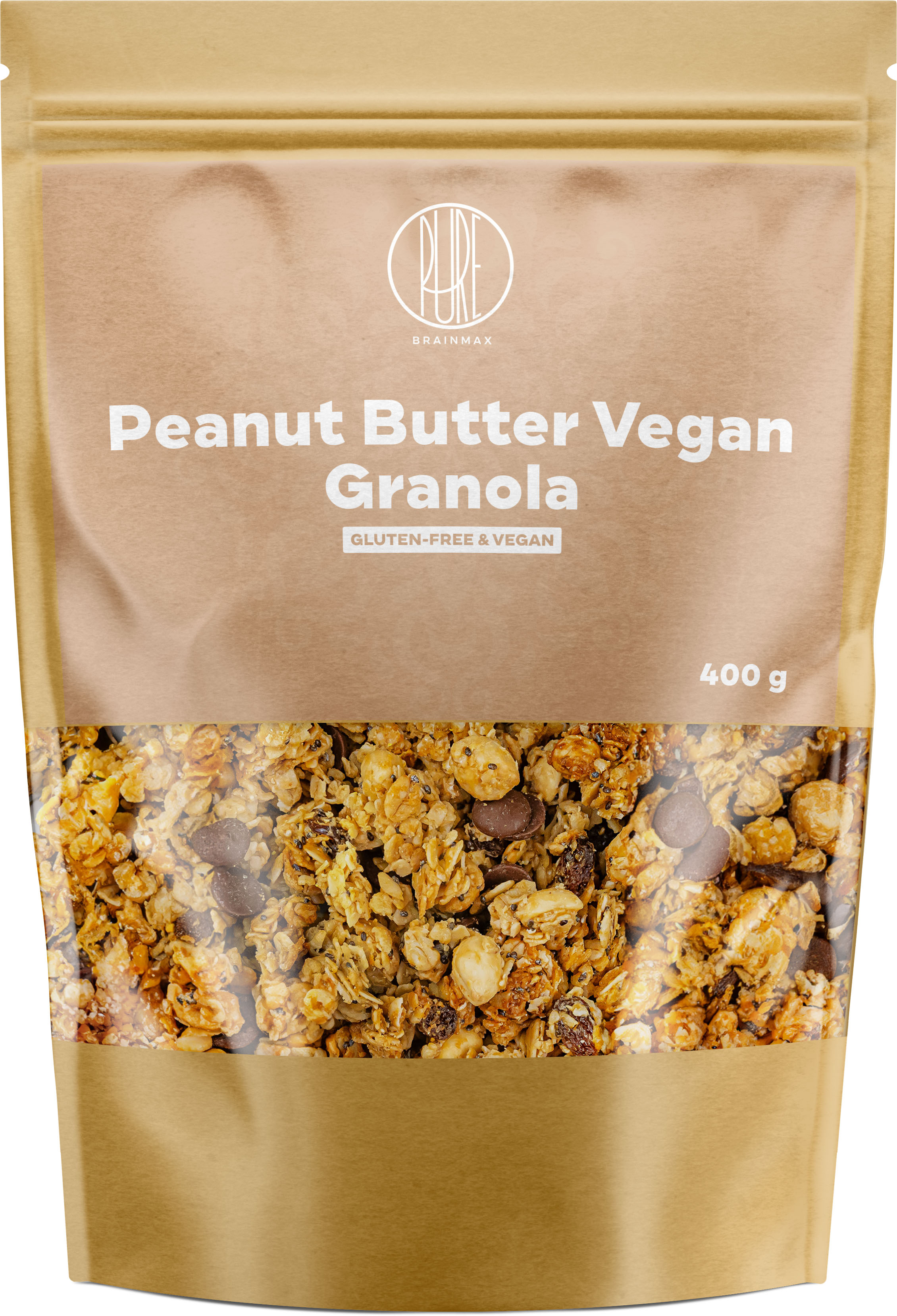 BrainMax Pure Peanut Butter Vegan Granola, granola s arašídovým máslem, 400 g Zapečené vločky s arašídovým krémem