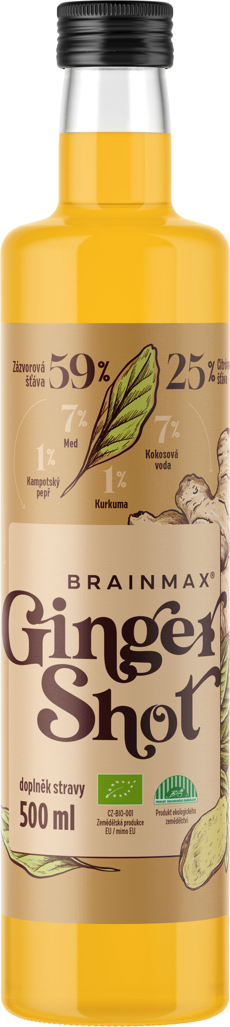 BrainMax Pure Ginger Shot, zázvorová štáva s kurkumou, BIO Objem: 500 ml Šťáva ze zázvoru s kurkumou, medem, kokosovou vodou a kampotským pepřem, *CZ-BIO-001 certifikát