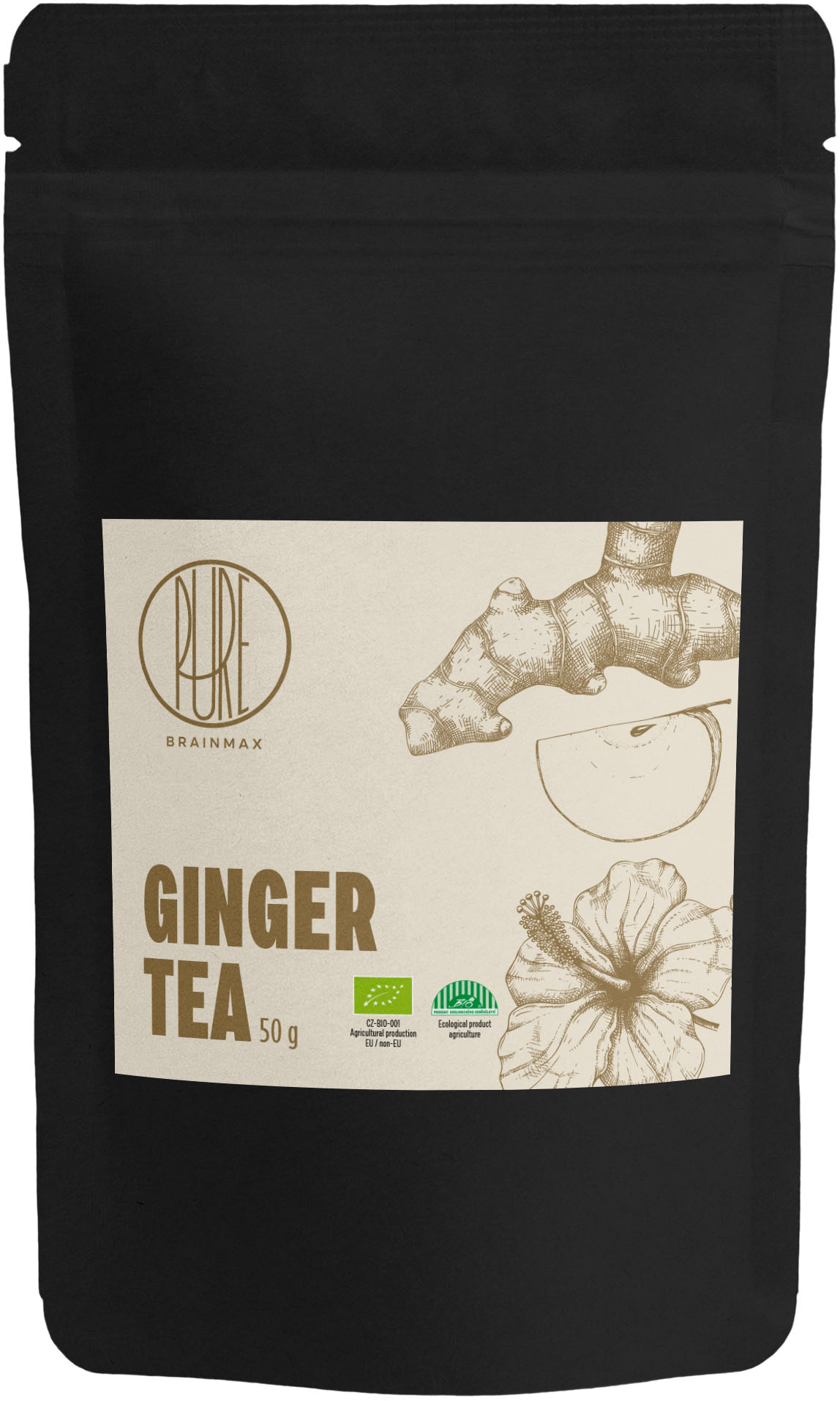 BrainMax Pure Ginger Tea, zázvorový čaj, BIO, 50 g Objem: 50 g *CZ-BIO-001 certifikát / bylinný čaj se zázvorem, jablkem a pomerančovou kůrou