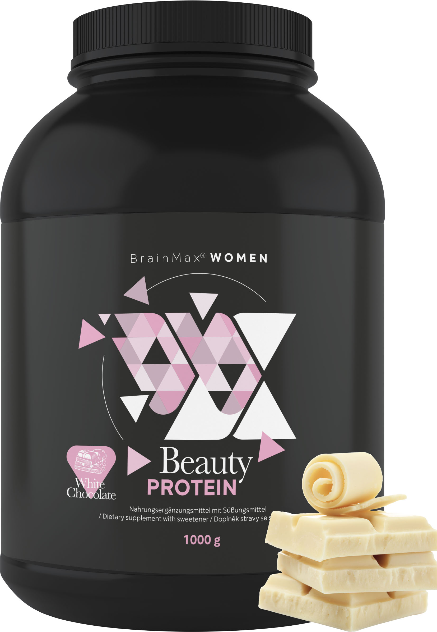 BrainMax Women Beauty Protein, protein pro ženy s kolagenem, keratinem a vitamíny, 1000 g Příchuť: Bílá čokoláda Nativní syrovátkový protein nejvyšší kvality s prémiovým kolagenem Naticol® a dalšími složkami, 28 dávek, doplněk stravy