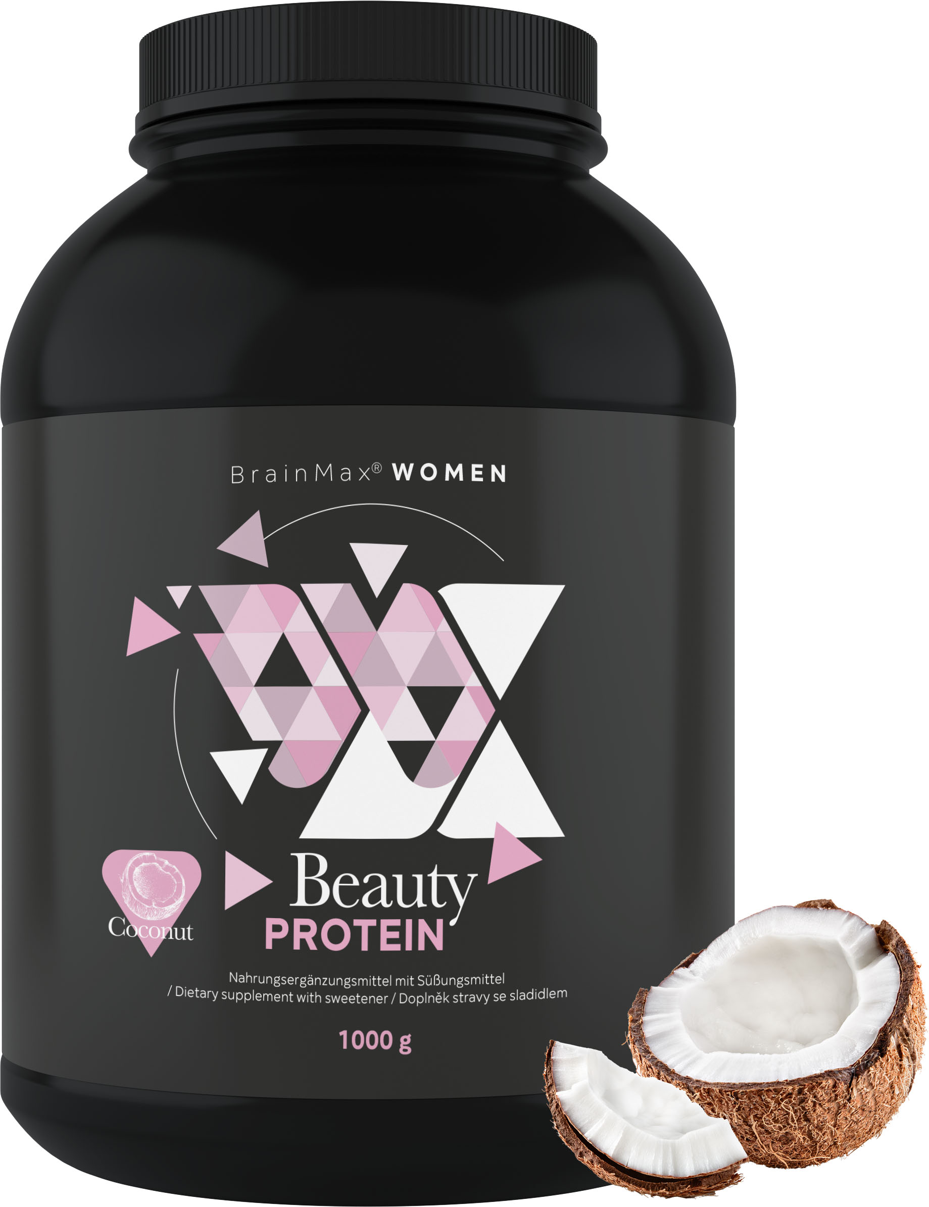 BrainMax Women Beauty Protein, protein pro ženy s kolagenem, keratinem a vitamíny, 1000 g Příchuť: Kokos Nativní syrovátkový protein nejvyšší kvality s prémiovým kolagenem Naticol® a dalšími složkami, 28 dávek, doplněk stravy