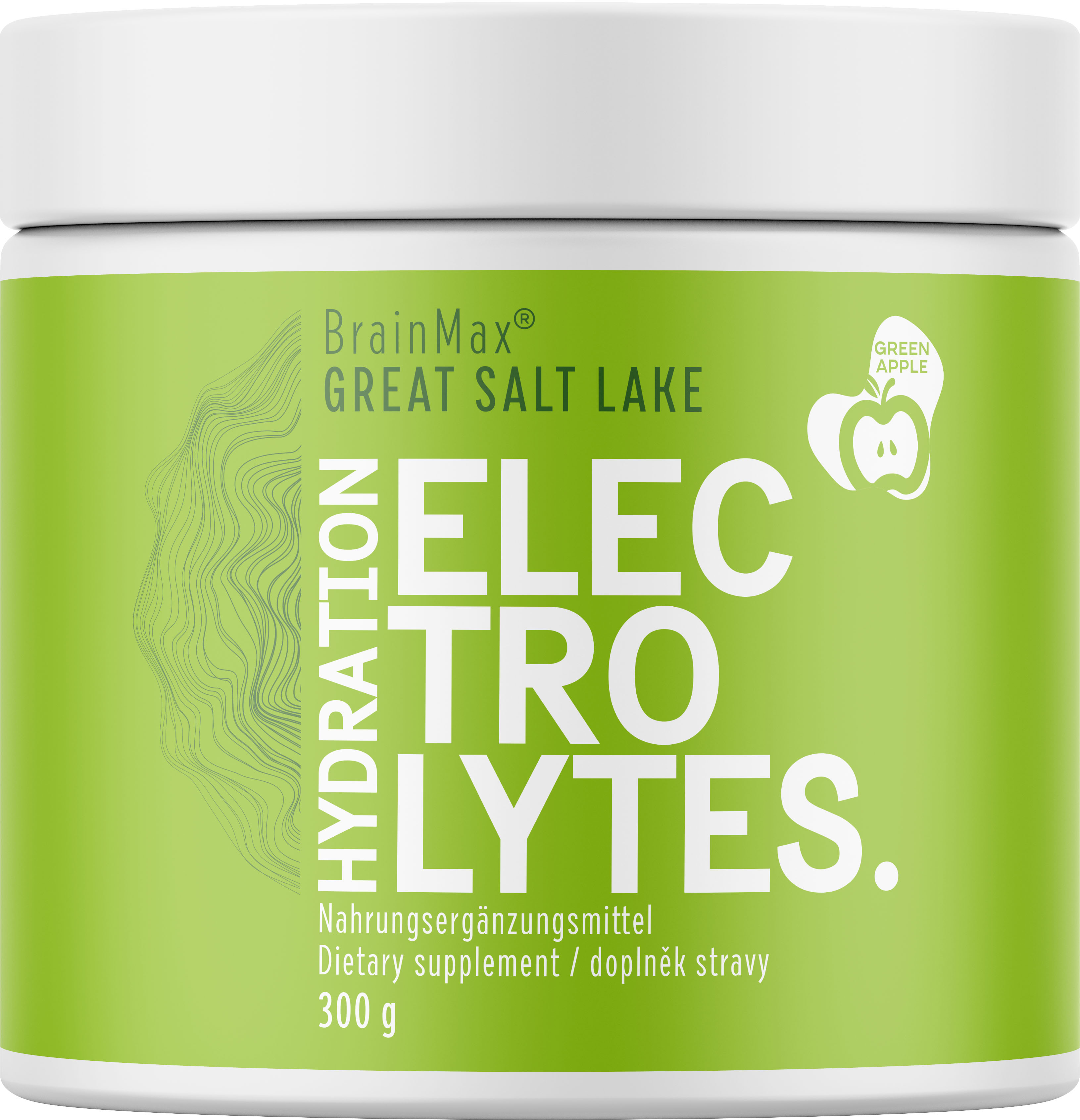 BrainMax Hydration Electrolytes, hydratační elektrolyty, jablko, 30 dávek, 300 g Elektrolyty a stopové prvky ze Solného jezera v Utahu + Taurin a aktivní Vitamín B6 P5P, iontový nápoj, doplněk stravy