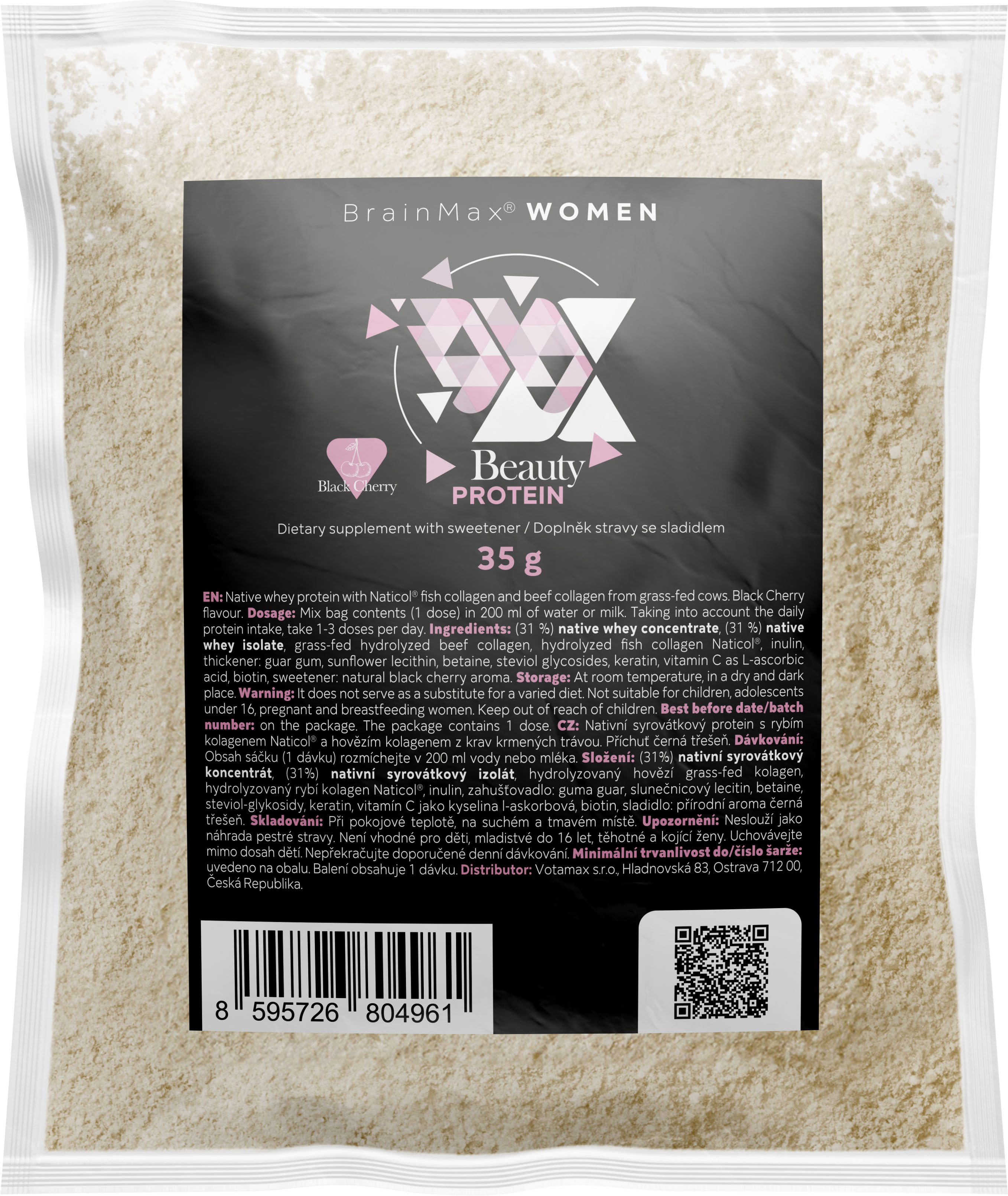 BrainMax® BrainMax® Women Beauty Protein, protein pro ženy s kolagenem, keratinem a vitamíny, 35 g, VZOREK Příchuť: Black Cherry Nativní syrovátkový protein nejvyšší kvality s prémiovým kolagenem Naticol® a dalšími složkami, doplněk stravy