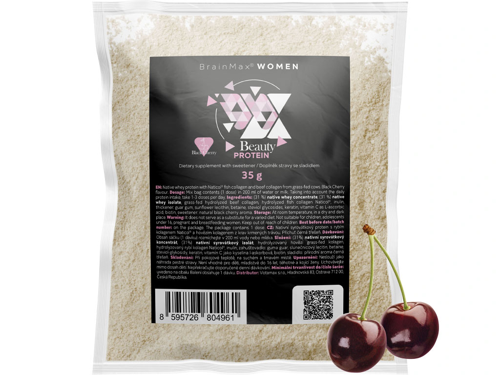 BrainMax Women Beauty Protein, protein pro ženy s kolagenem, keratinem a vitamíny, 35 g, VZOREK Příchuť: Bílá čokoláda Obrázek