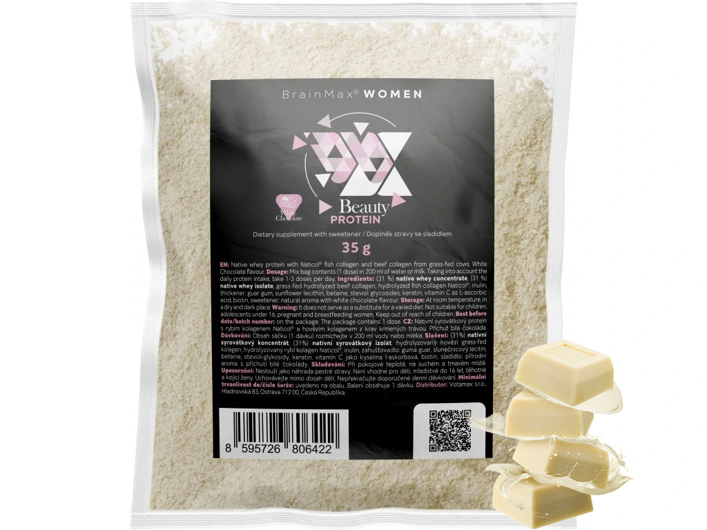 BrainMax Women Beauty Protein, protein pro ženy s kolagenem, keratinem a vitamíny, 35 g, VZOREK Příchuť: Bílá čokoláda Obrázek