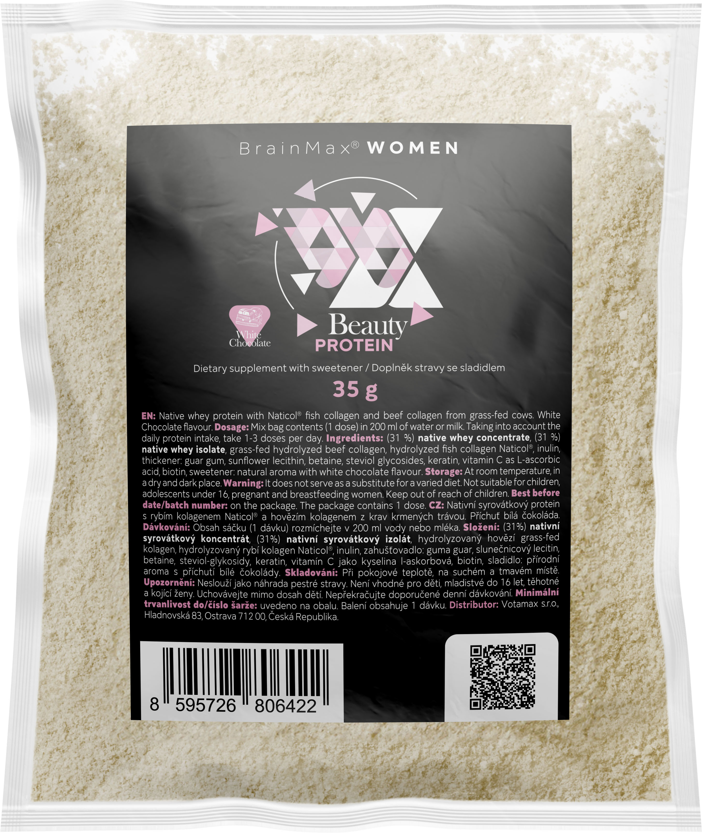 BrainMax Women Beauty Protein, protein pro ženy s kolagenem, keratinem a vitamíny, 35 g, VZOREK Příchuť: Bílá čokoláda Nativní syrovátkový protein nejvyšší kvality s prémiovým kolagenem Naticol® a dalšími složkami, doplněk stravy