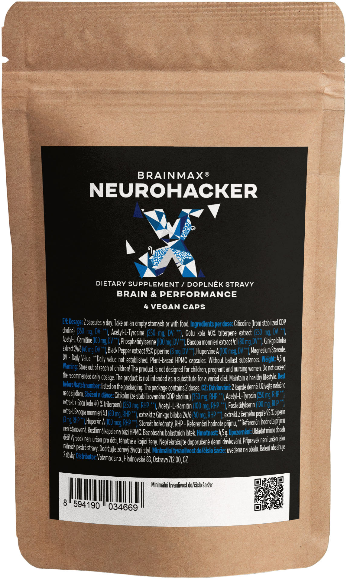 Levně BrainMax NeuroHacker, Dopamine Upgrade! 4 rostlinné kapsle, VZOREK Nootropikum založené na 8 vědecky ověřených látek pro podporu motivace, koncentrace a mentálního výkonu