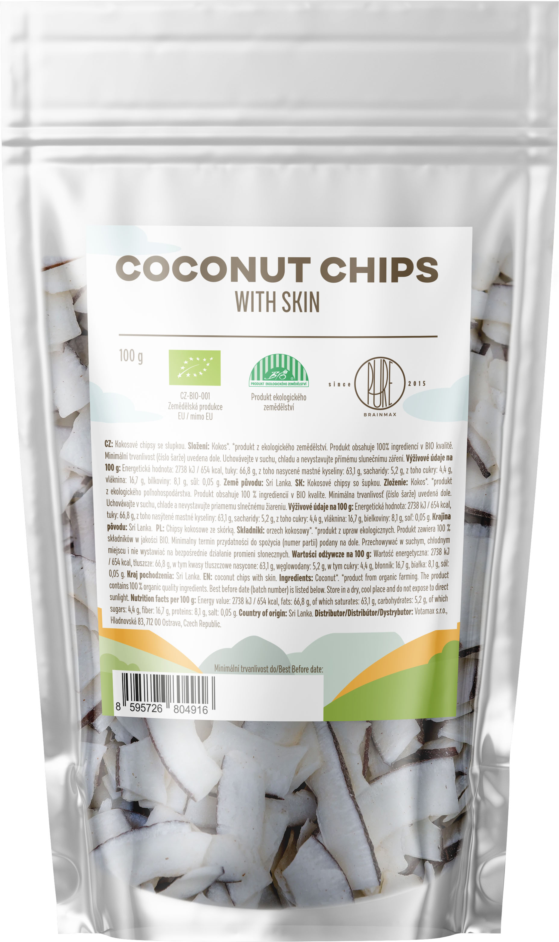 Levně BrainMax Pure Coconut Chips with skin, Kokosové chipsy se slupkou, BIO, 100 g *CZ-BIO-001 certifikát