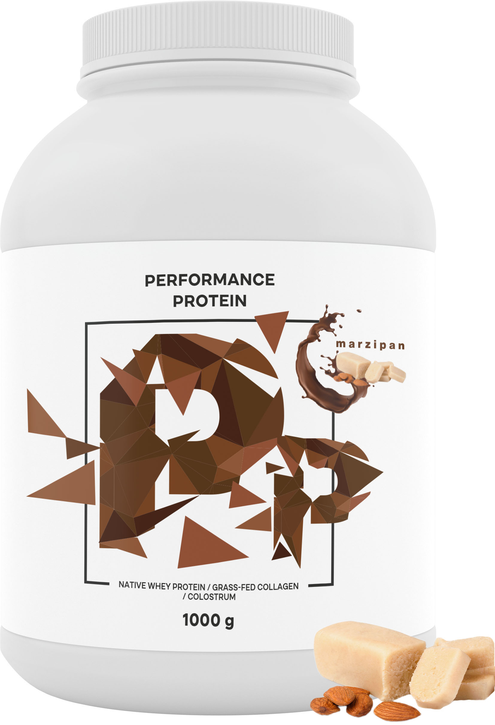 BrainMax Performance Protein, nativní syrovátkový protein, marcipán, 1000 g Nativní syrovátkový protein s kolostrem a grass-fed kolagenem, doplněk stravy