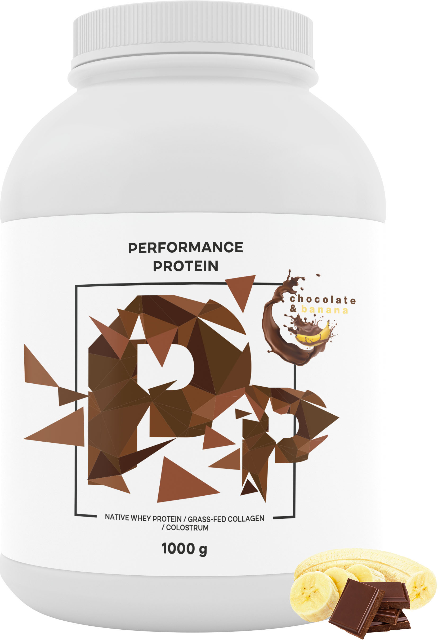 BrainMax Performance Protein, nativní syrovátkový protein, čokoláda a banán, 1000 g Nativní syrovátkový protein s kolostrem a kolagenem, doplněk stravy