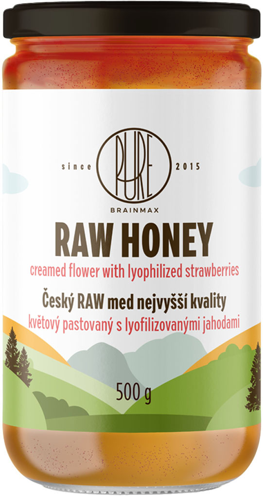 Levně BrainMax Pure RAW med květový s jahodami, 500 g RAW květový med s lyofilizovanými jahodami