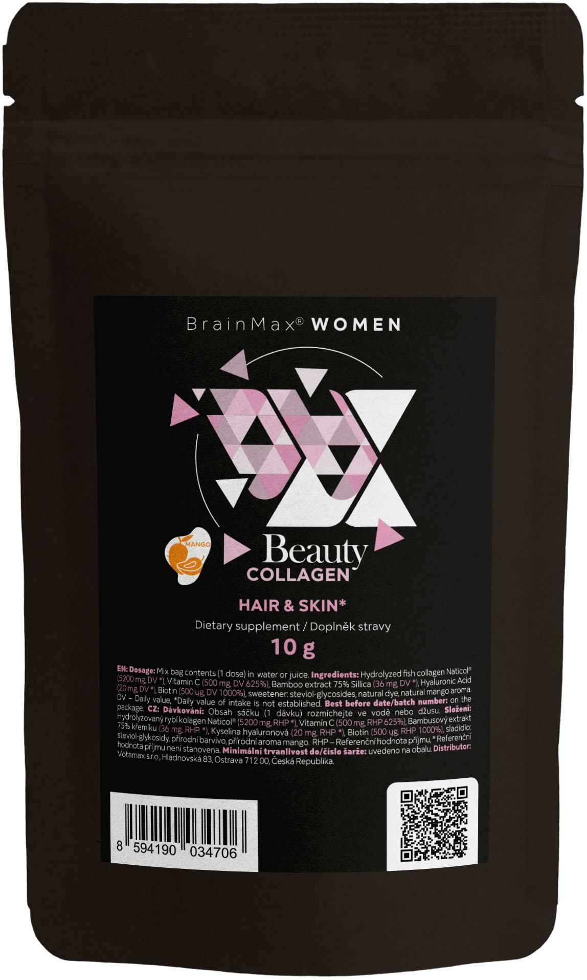 BrainMax Women Beauty Fish Collagen, mořský rybí kolagen Naticol®, 10 g, VZOREK Příchuť: Mango Hydrolyzovaný mořský kolagen Naticol®, kyselina hyaluronová a vitamín C, doplněk stravy