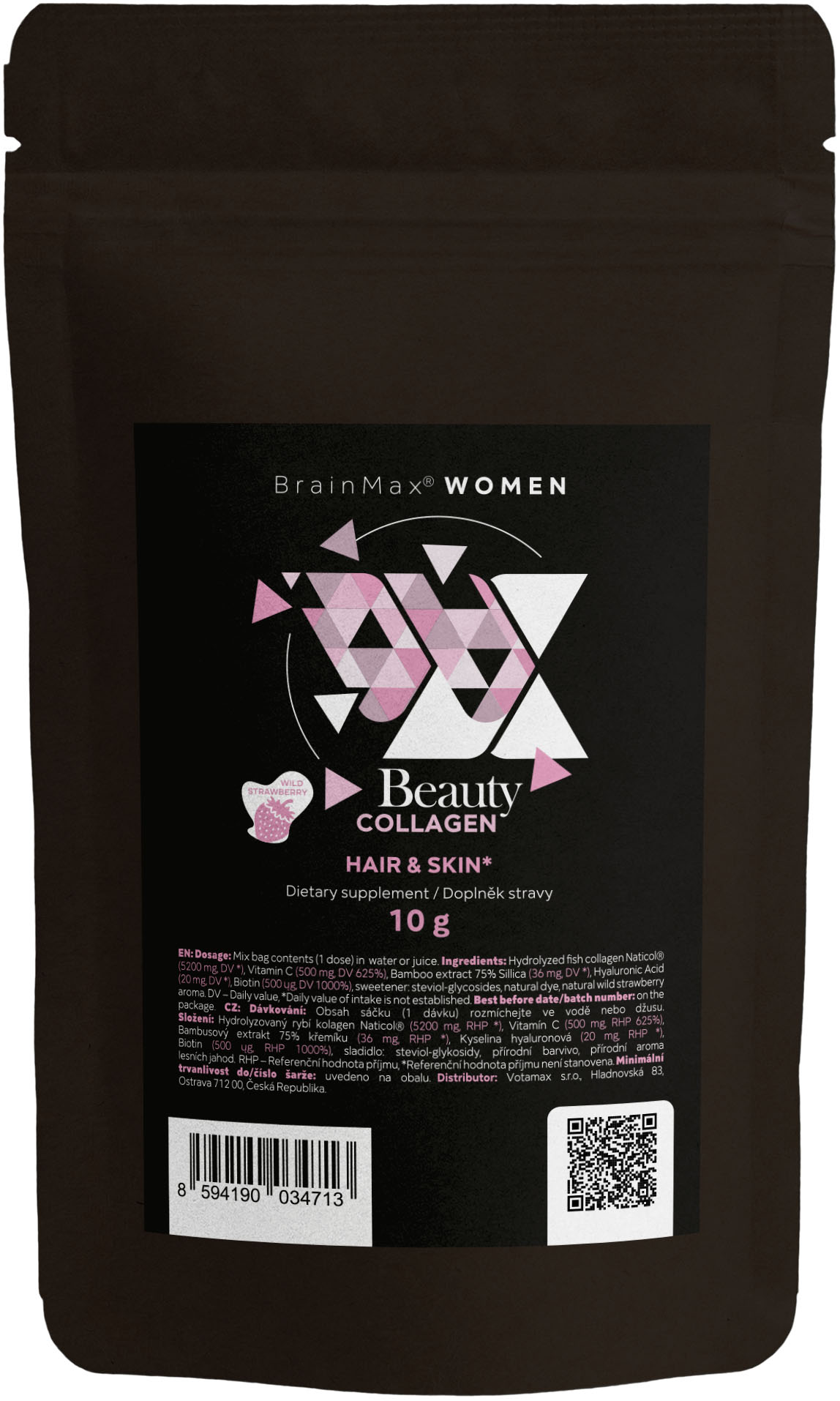 BrainMax Women Beauty Fish Collagen, mořský rybí kolagen Naticol®, 10 g, VZOREK Příchuť: Lesní jahoda Hydrolyzovaný mořský kolagen Naticol®, kyselina hyaluronová a vitamín C, doplněk stravy