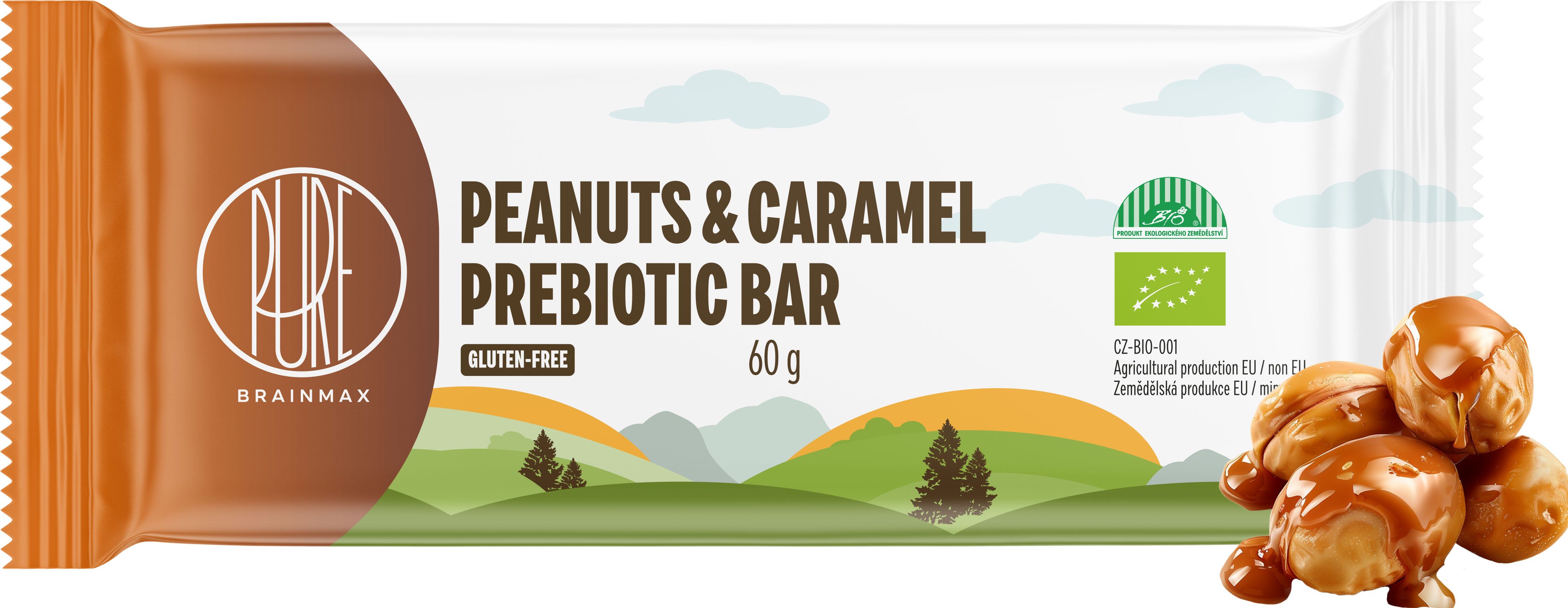 BrainMax Pure Peanuts & Caramel Prebiotic Bar, prebiotická tyčinka, arašídy a karamel, BIO, 60 g *CZ-BIO-001 certifikát/ tyčinka s vlákninou, arašídy s příchutí karamelu